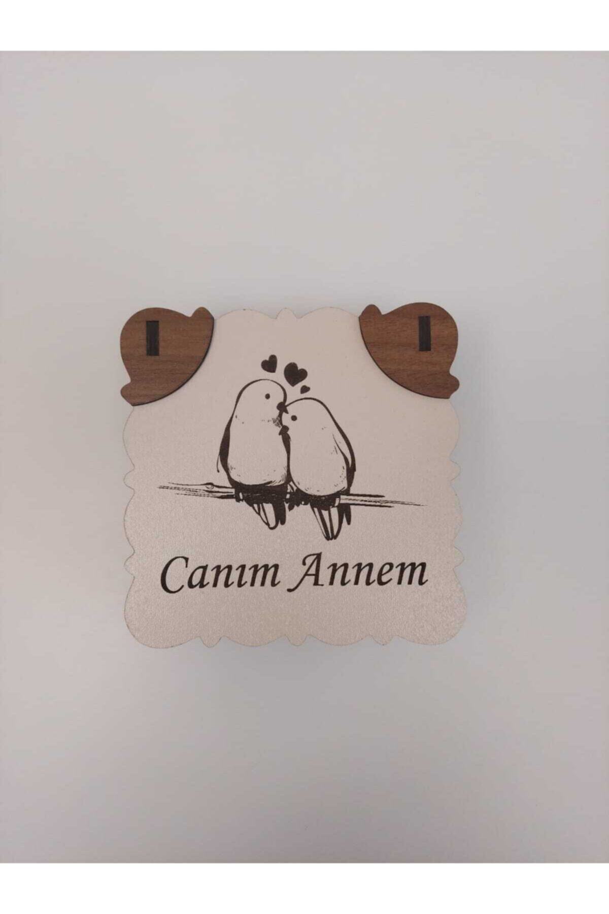 Ahşap Kahverengi Canım Annem Yazılı Kuş Desenli Peçetelik 17x17 cm