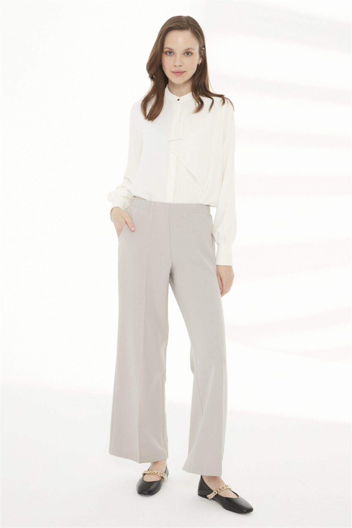 Zühre Bel Lastik Detaylı Bol Paça Pantolon Gri P-0102