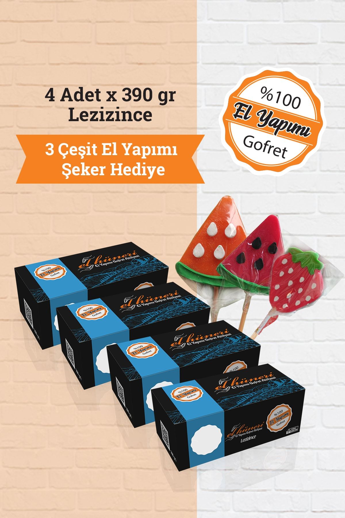 Elhuneri Gofret El Yapımı 4 Adet Gofret + Şeker