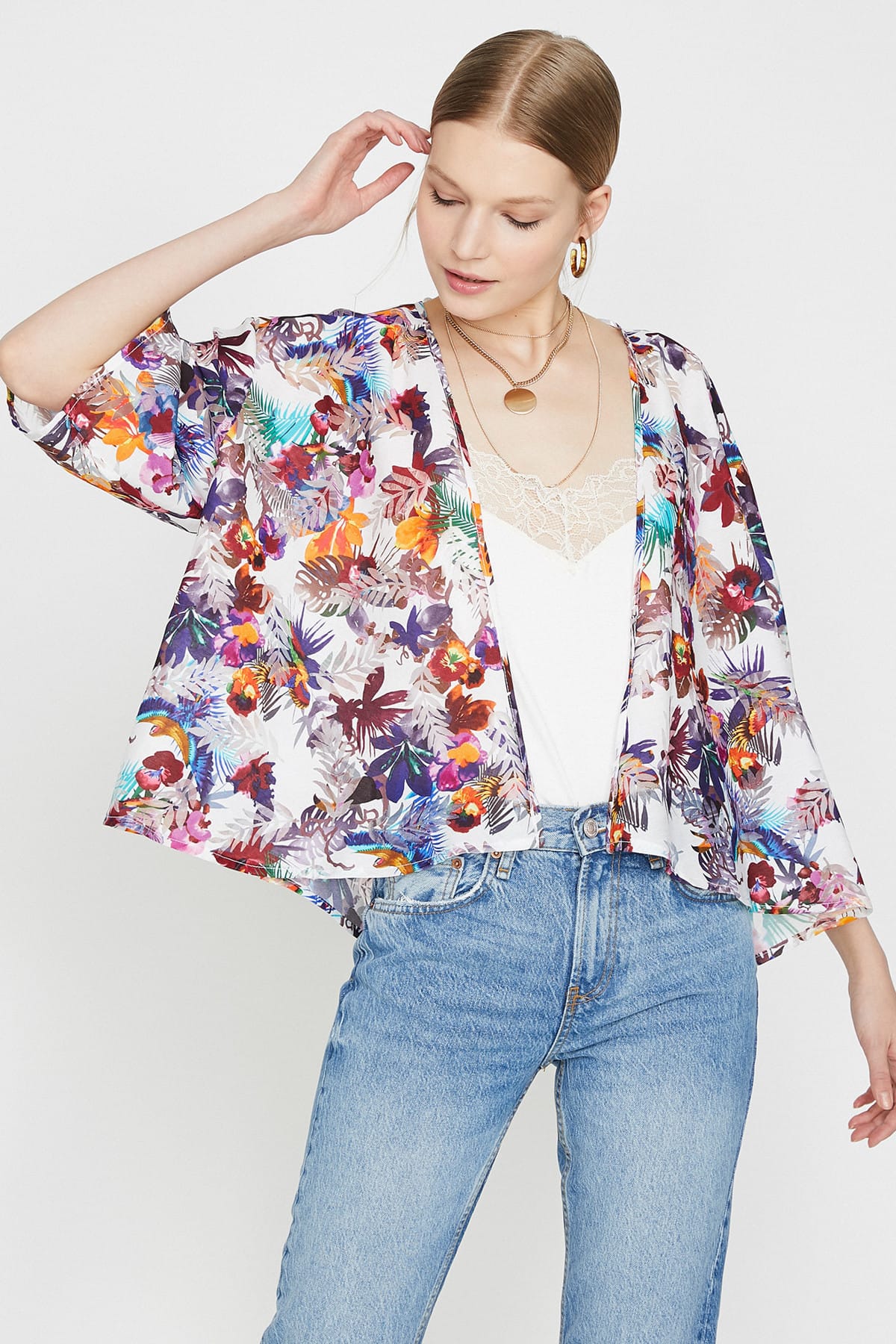 Koton Kadın Mor 3/4 Kol Desenli Kimono 9YAK52009RW