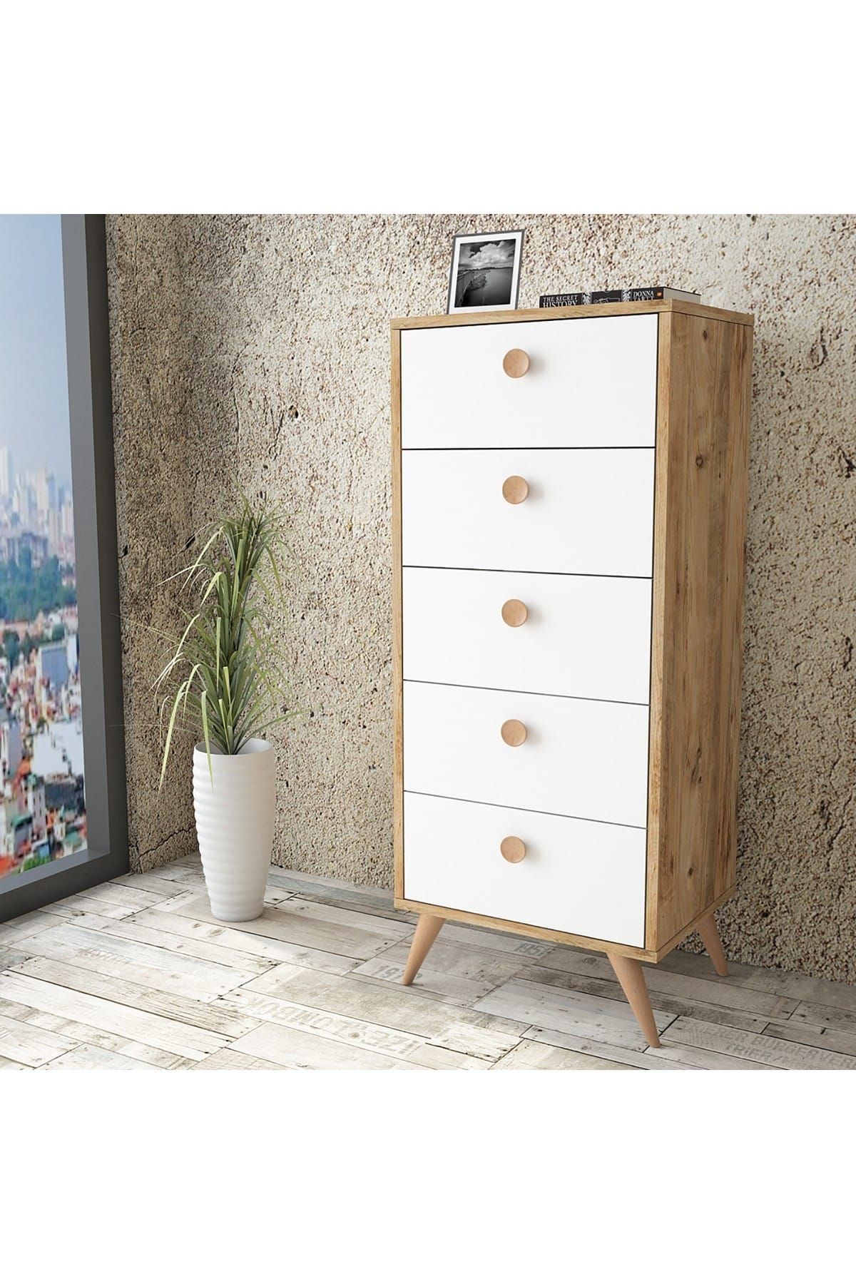 Yurudesign Vilamo Komodin Ahşap Ayak, 5Çekmece, Çam-Beyaz-Kayın VL70-211