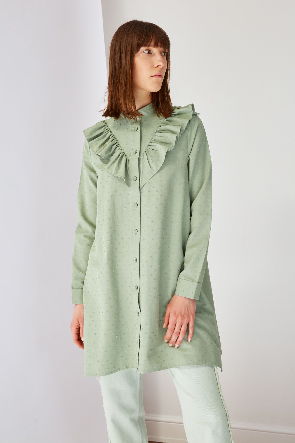Trendyol Modest Yeşil Dik Yaka Tesettür Tunik TCTSS21TN0133