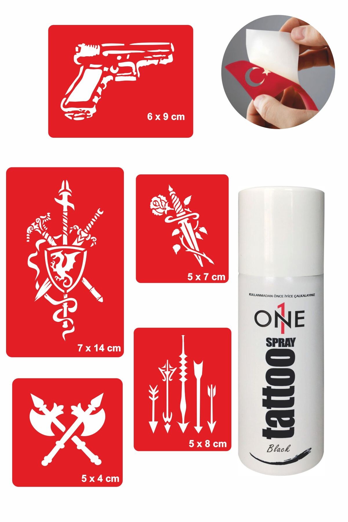 ONE SPRAY TATTOO Savaş Aletleri Geçici Dövme Seti Siyah Sprey Ve 5 Desen