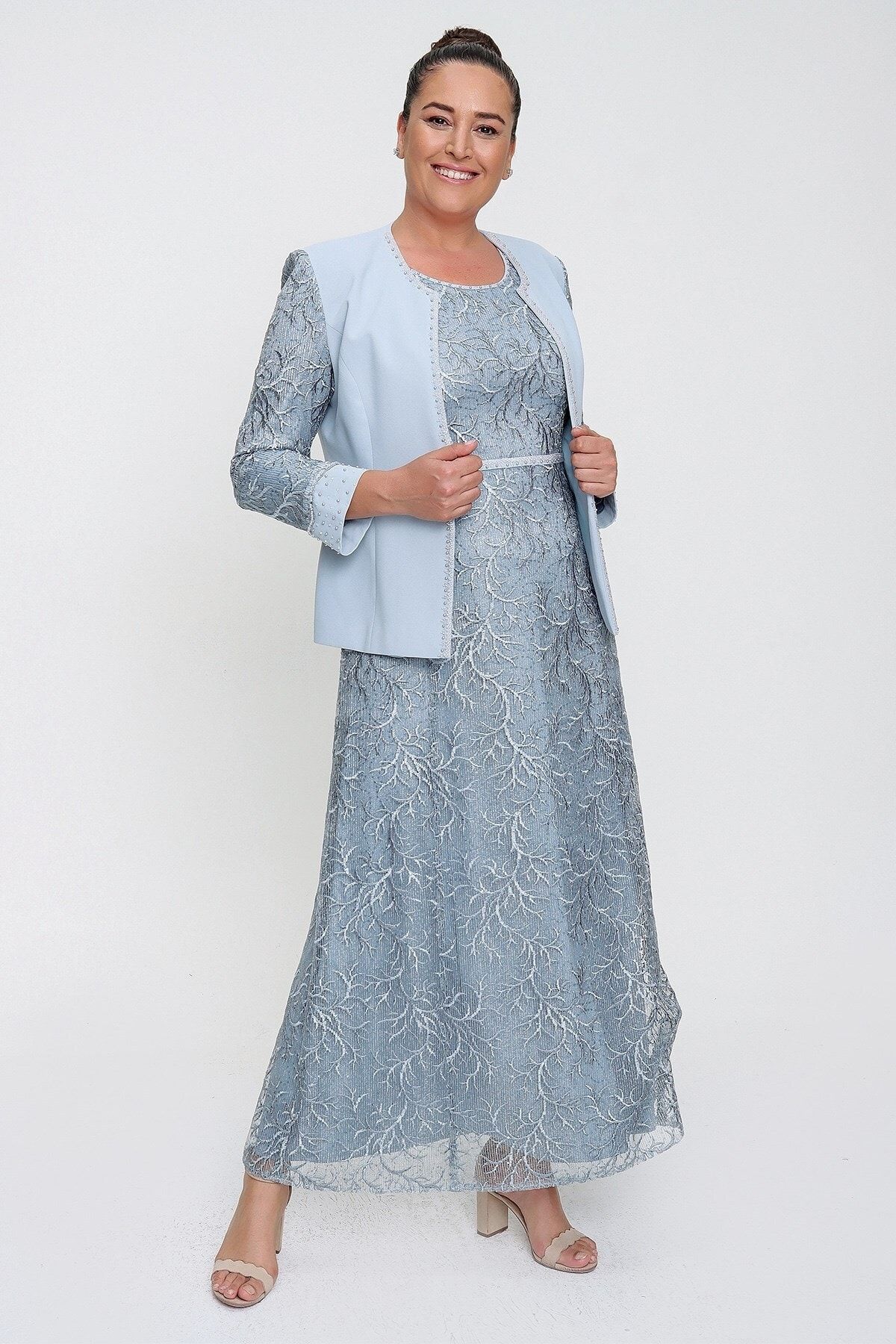 By Sayg Bead Detailed Lace Lined Plus Size Jacket Dress Double