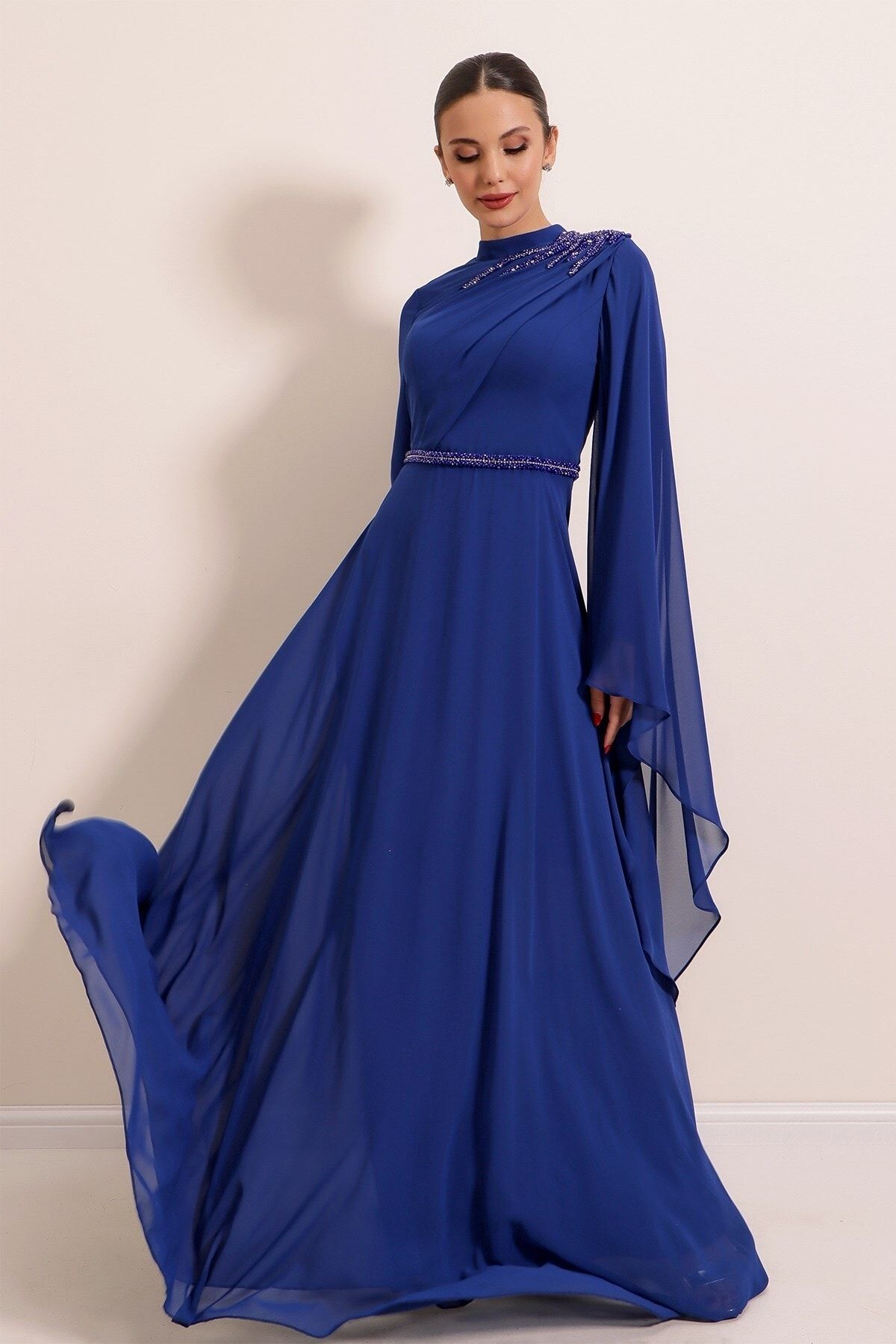 By Sayg Shoulder And Waist Bead Detailed Lined Chiffon Long Dress