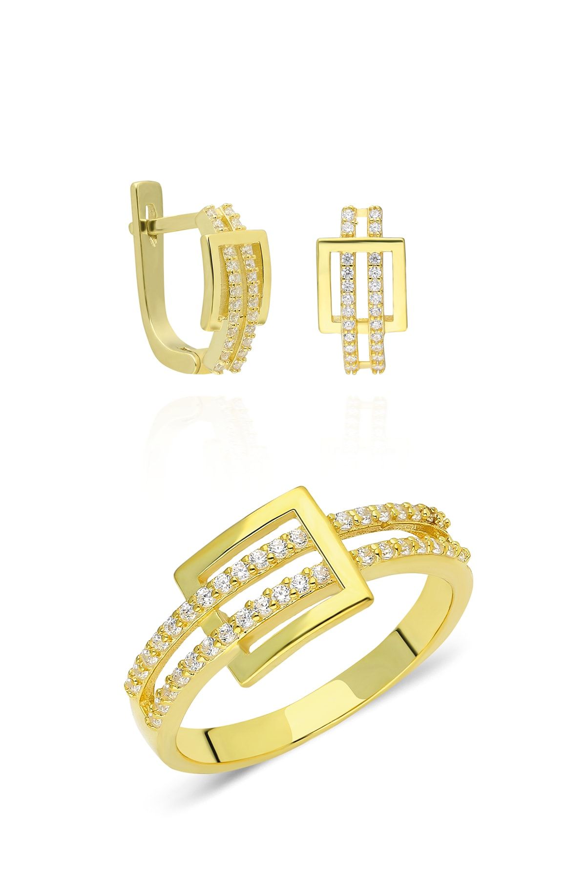 Brk6 Jewelry Zirkon Taşlı 925 Ayar Altın Kaplamalı Gümüş Yüzük Küpe Set