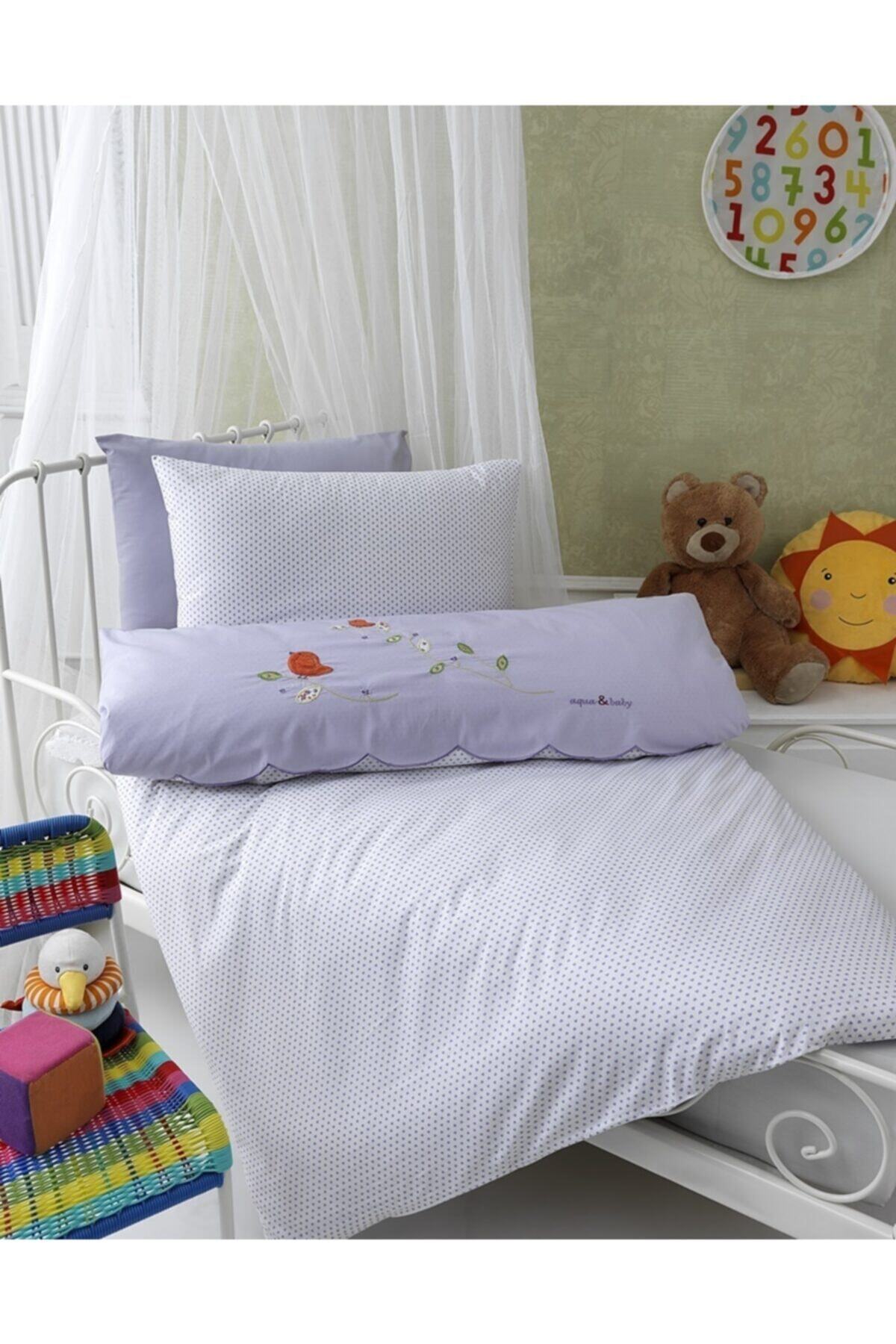DeaDiaBaby Aqua Baby Floral Bırd Lila Nakışlı Bebek Nevresim Takımı
