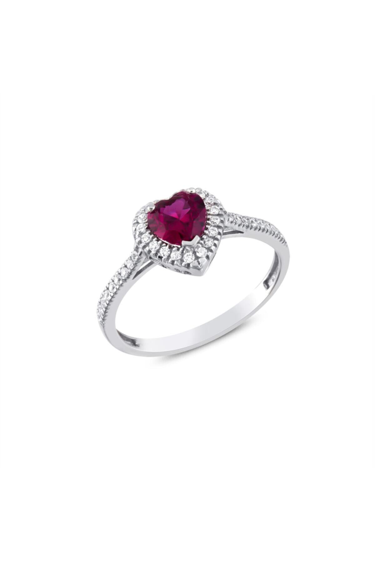 Pella Kuyumculuk Kadın Swarovski Kırmızı Renkli Kalpli Gümüş Yüzük