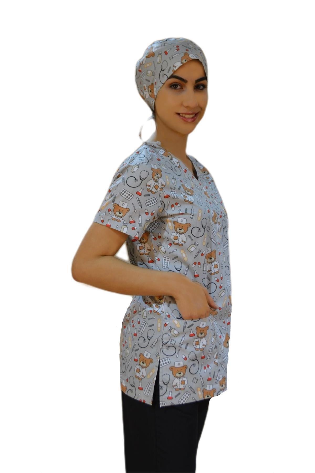 Emel Tekstil Doktor Hemşire Üst Forma Gri Ayıçıklı V Yaka Üniforma