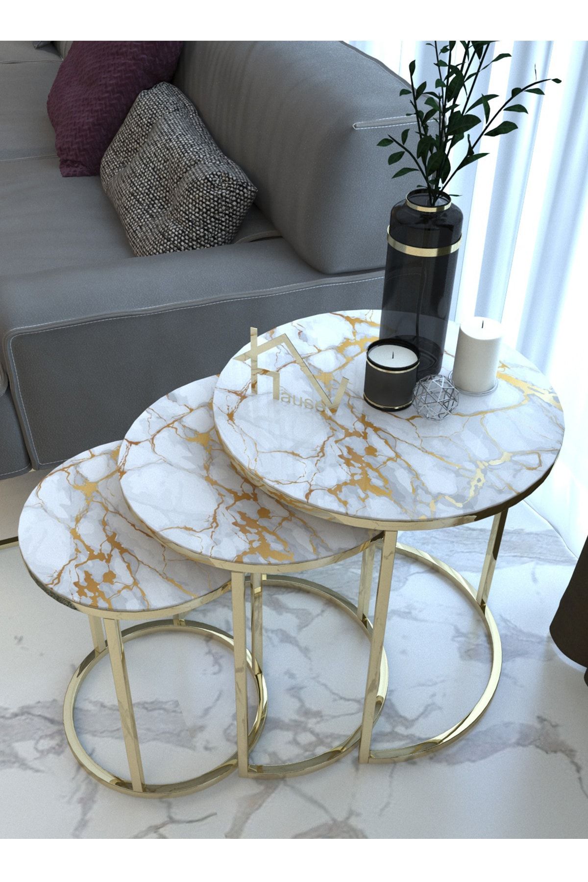 HAUSEV Mermer Desen Gold Metal Zigon Sehpa ''kırılmaz Temperli Cam''