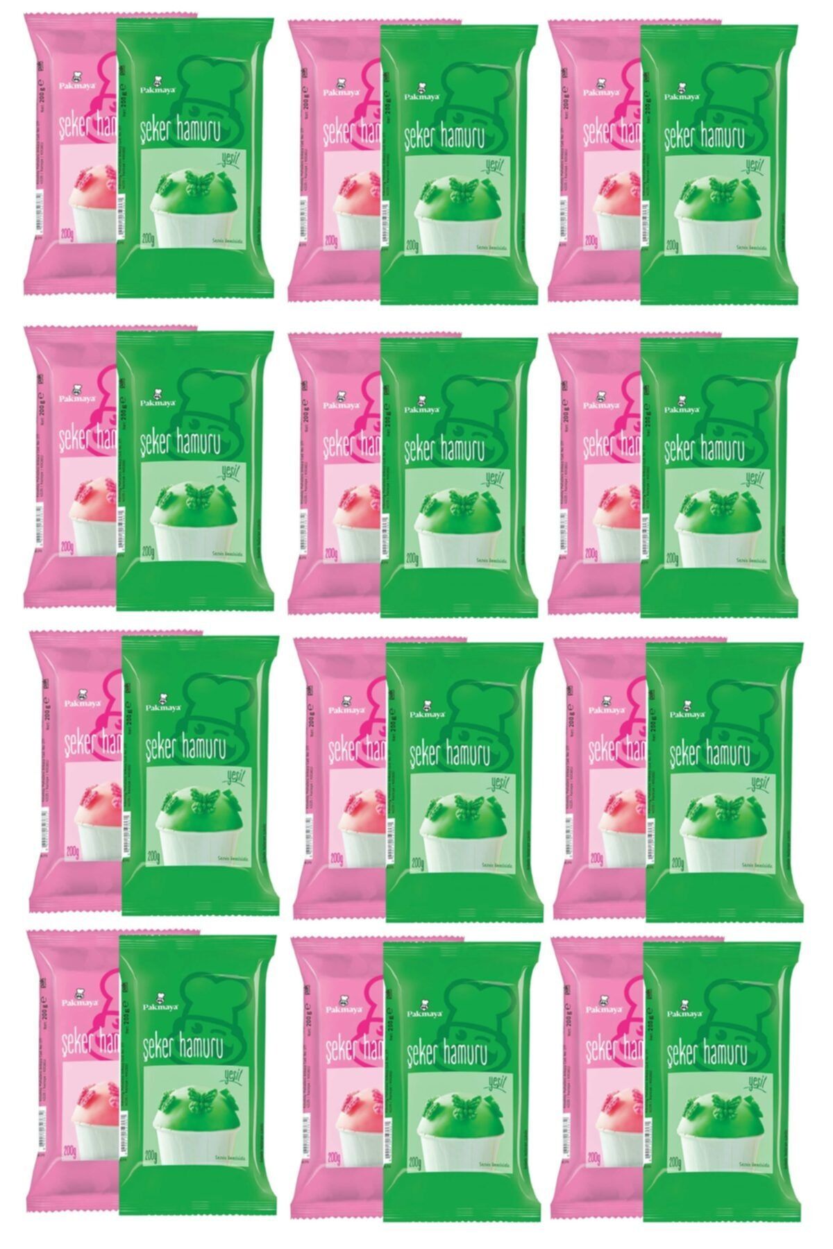 Pakmaya Şeker Hamuru Pembe 200 Gr X 12adet & Şeker Hamuru Yeşil 200 Gr X 12 Adet