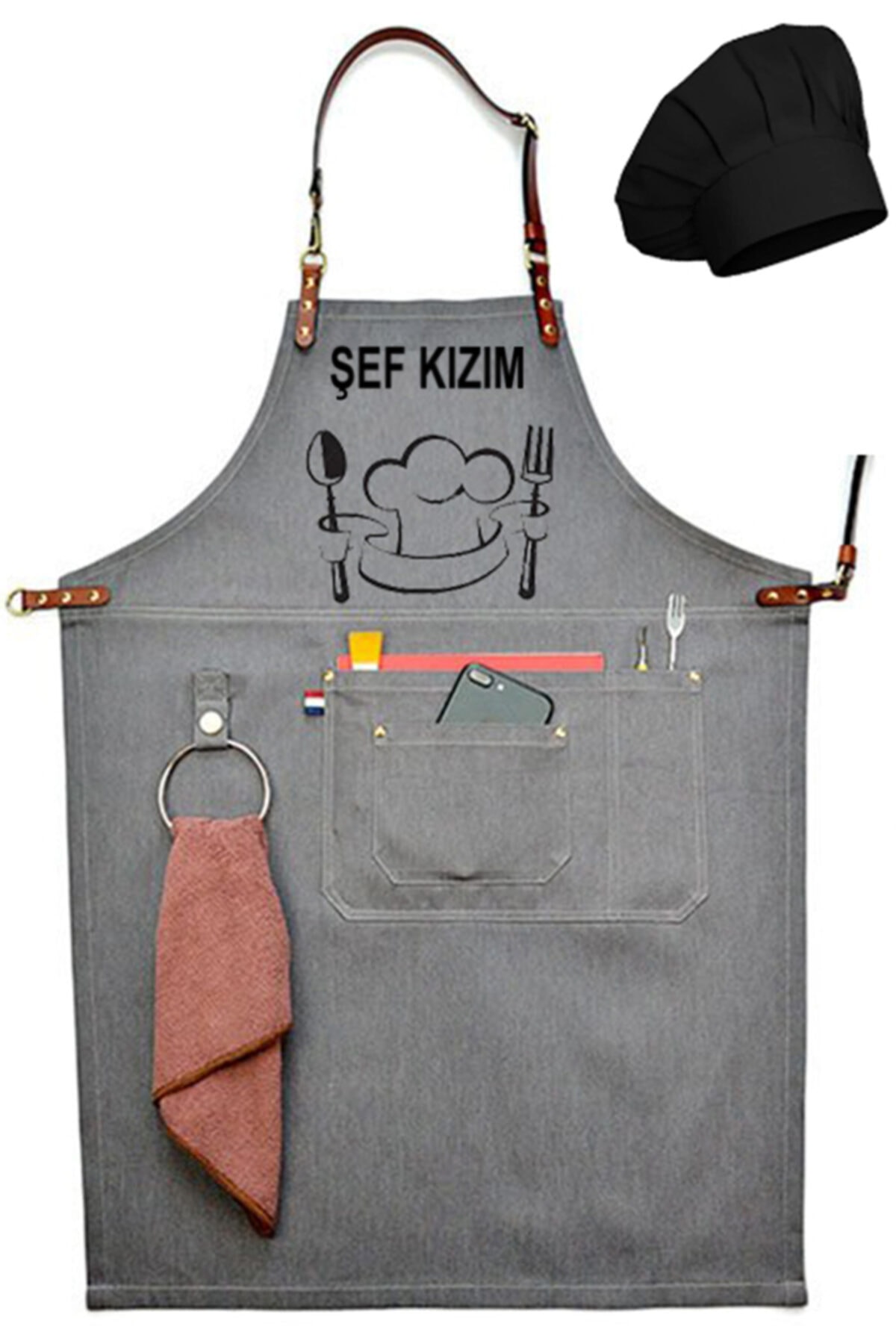 medusaforma Kız Çocuk Aşçı Kıyafeti Master Şef Chef Çocuk Mutfak Önlüğü Takım Çocuk Kostümü Askılı Önlük - Gri