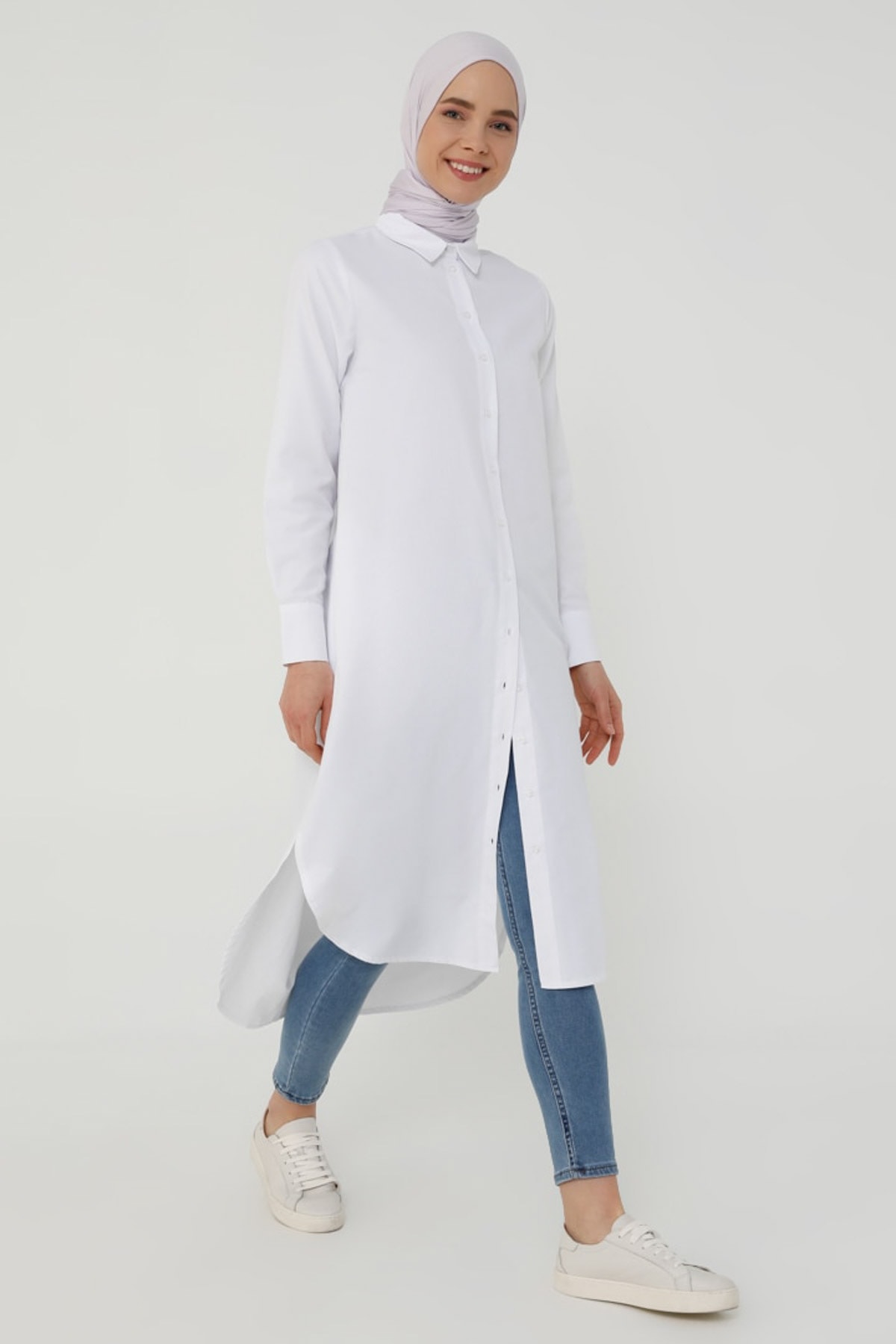 Refka Kadın Beyaz Poplin Boydan Düğmeli Tunik Beyaz Refka Basic 1840780