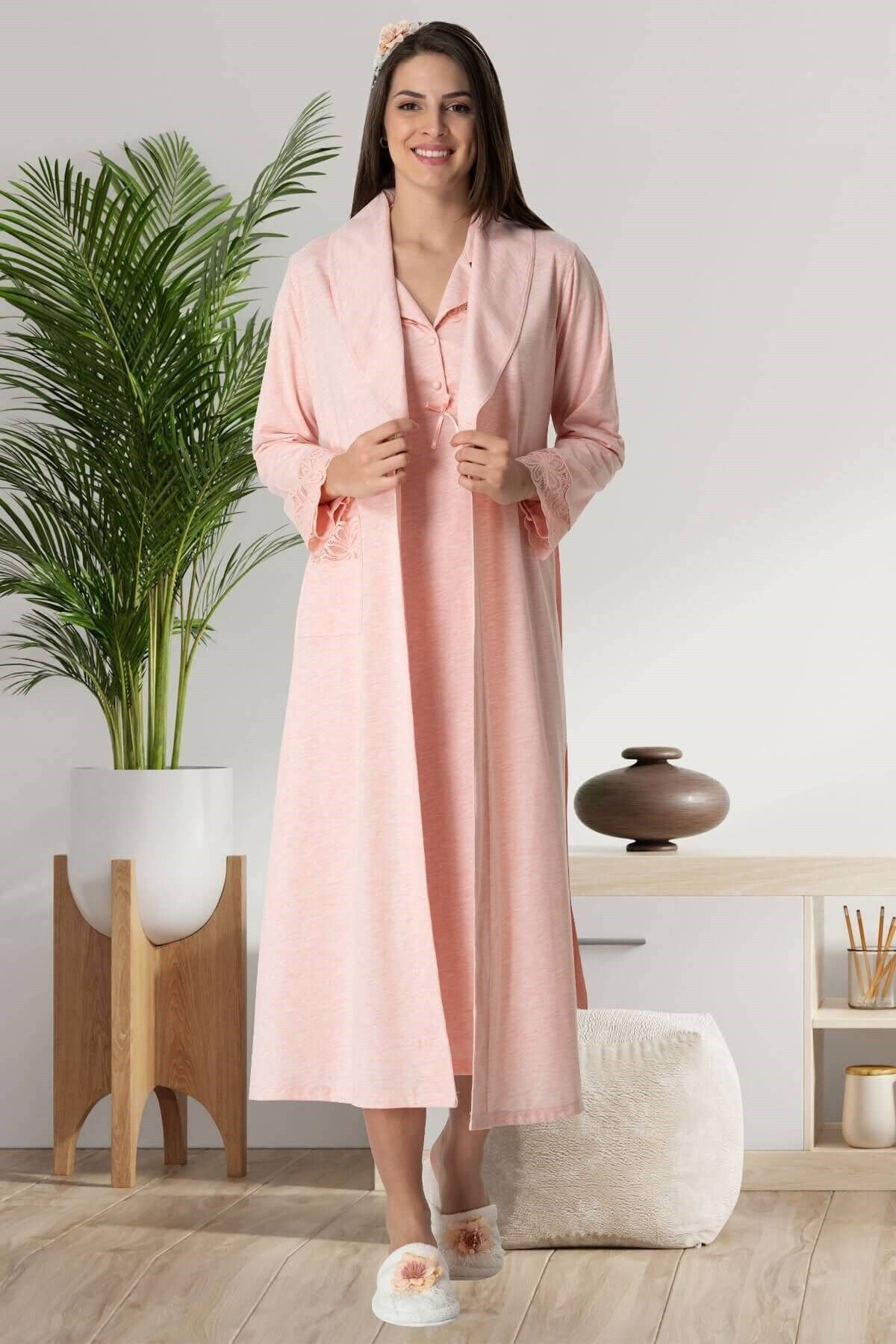 Shop mood Kadın Pudra Pembe Uzun Sabahlıklı Hamile Lohusa Gecelik Takımı