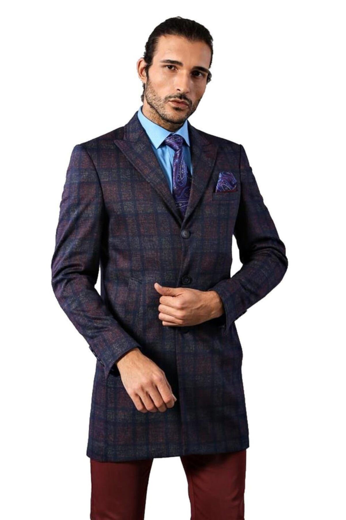 Wessi Erkek Ekose Desenli Kaşe Kumaş Slim Fit Kısa Palto