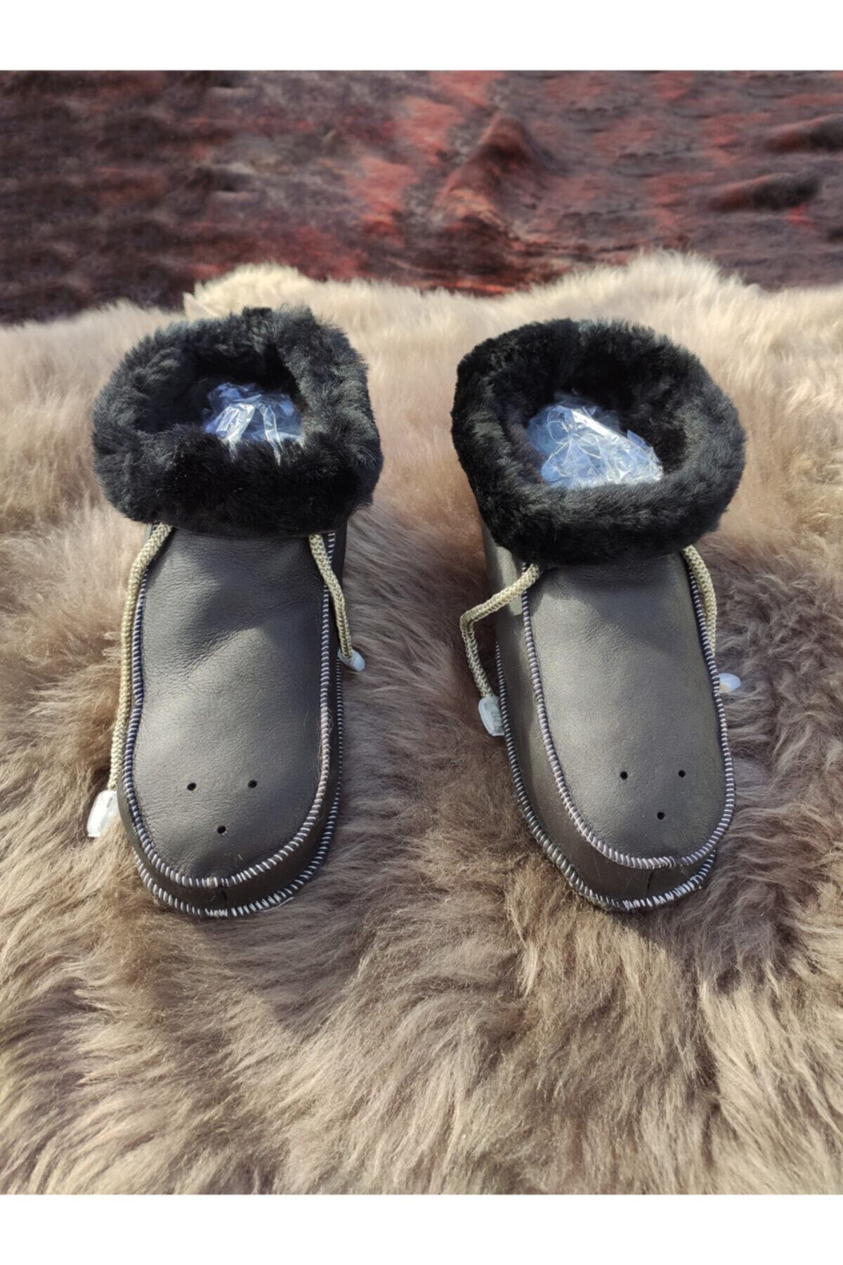 DERİHOME Derihome Unisex Mat Siyah Içi Kürklü Hakiki Deri Patik - Panduf