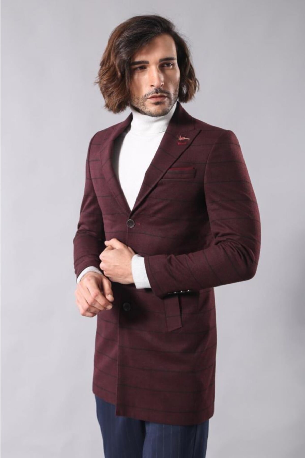 Wessi Erkek Bordo Ekose Geniş Sivri Yaka Kısa Palto