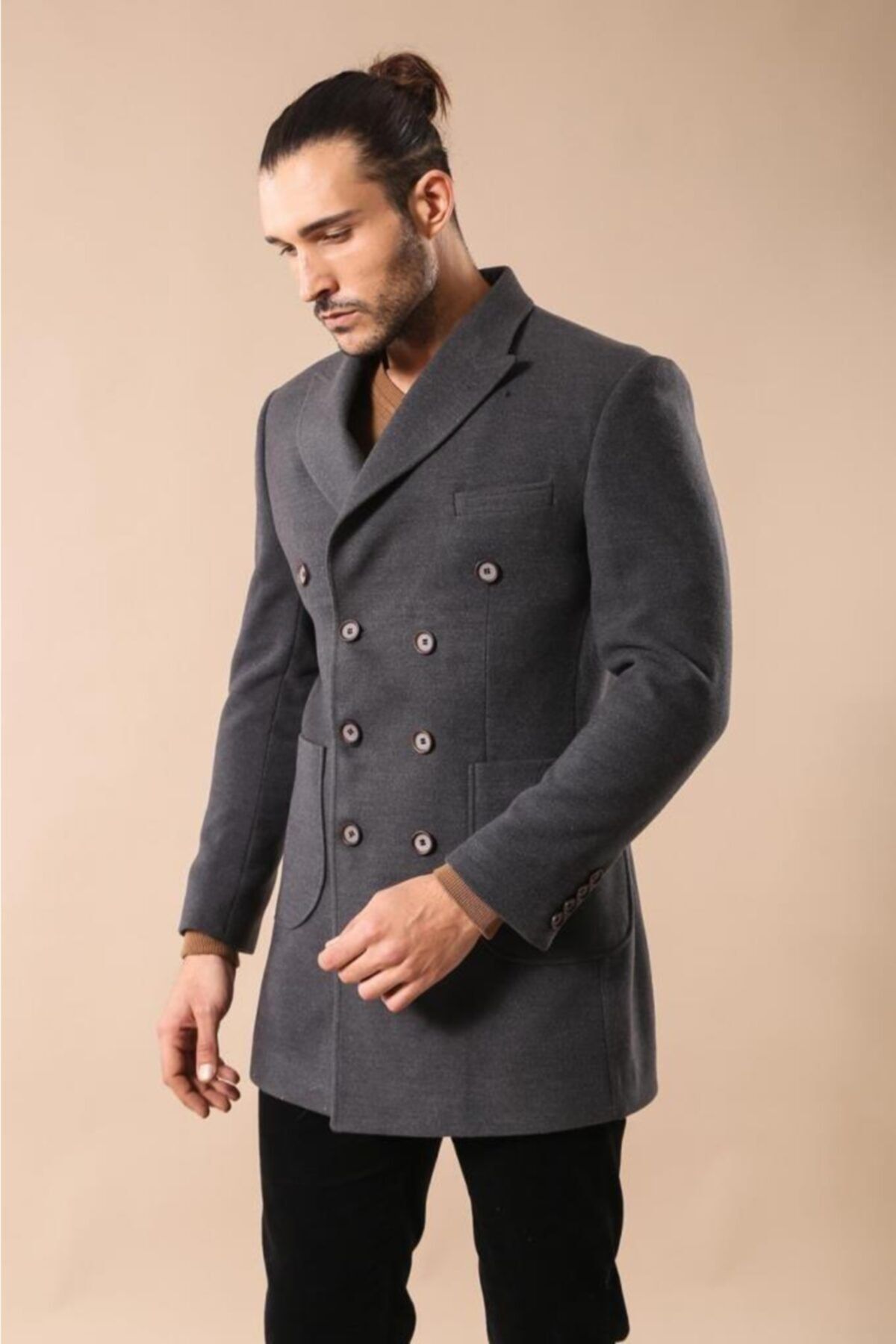 Wessi Erkek Kahverengi Kruvaze Slim Fit Kısa Palto
