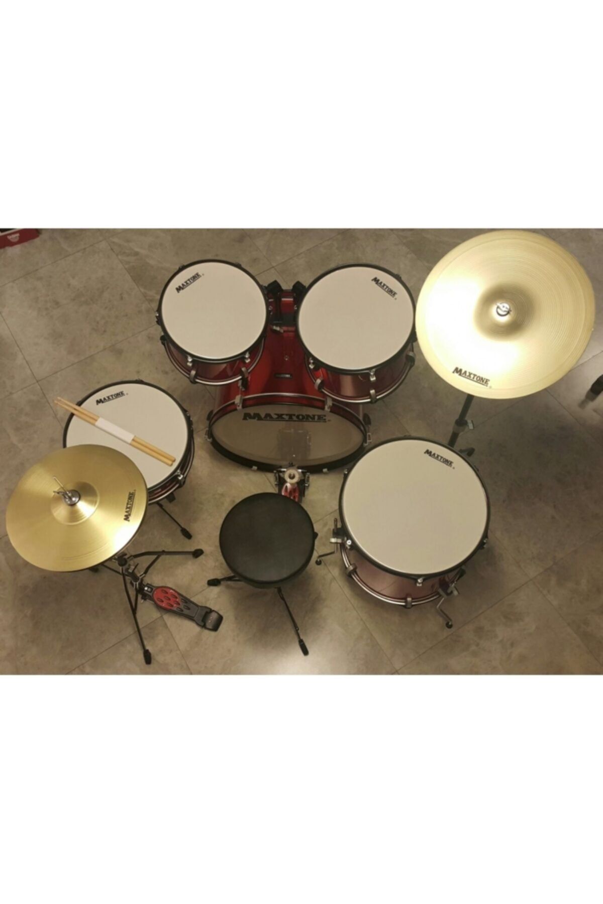 MAXTONE Davul Set 5 Pcs Metalik Kırmızı + Zil + Tabure
