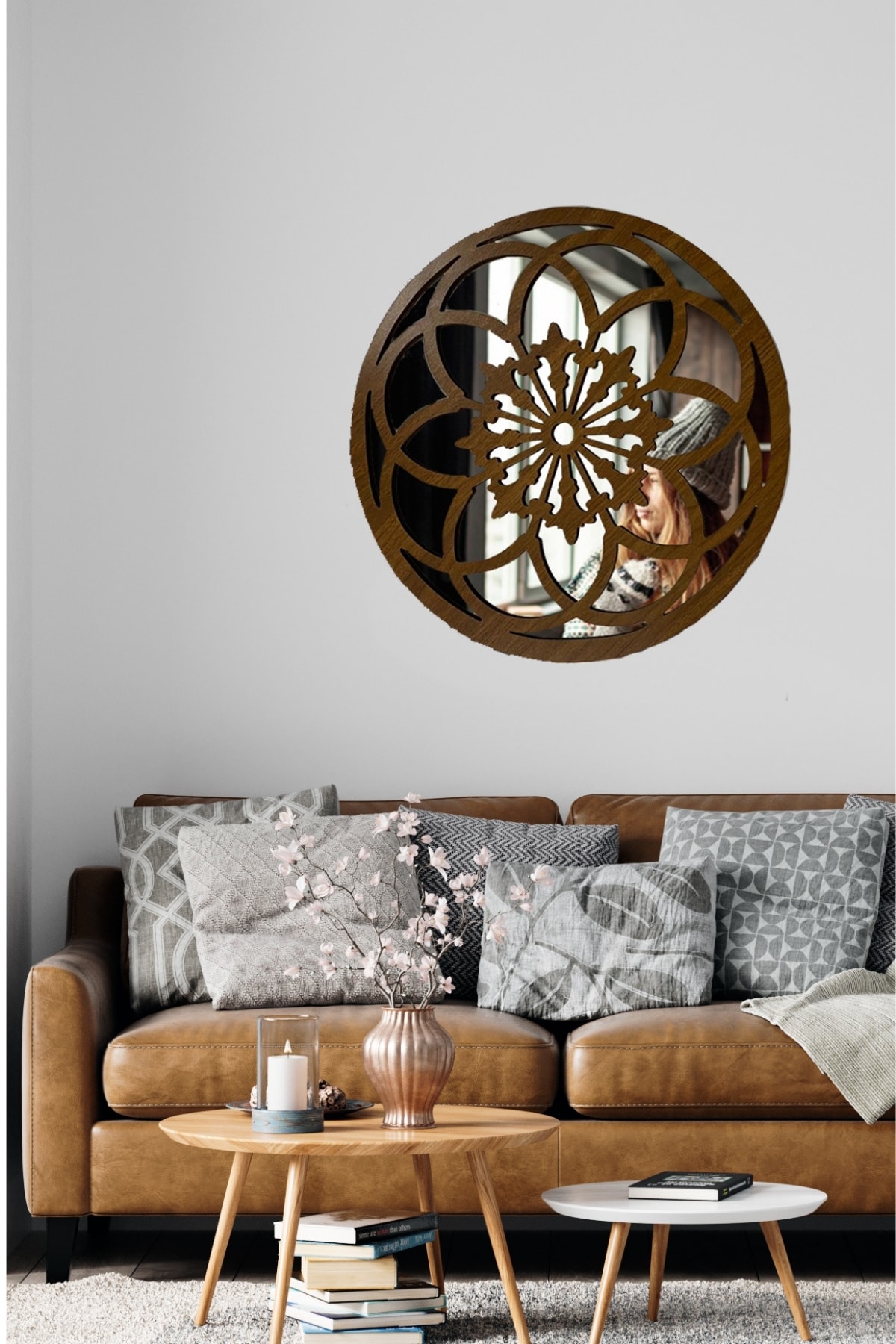 keskin ant bıçak Carved Floral Round Dekoratif Duvar Aynası