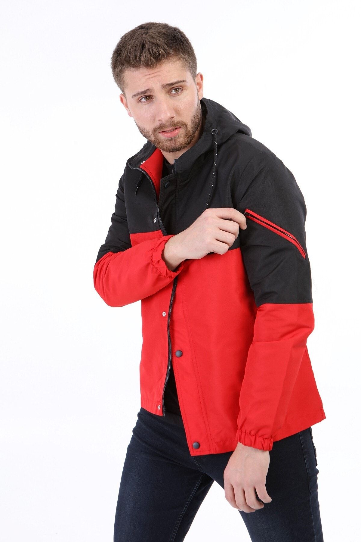 E&E Design Collection Erkek Kırmızı-siyah Kapüşonlu Mevsimlik Ceket