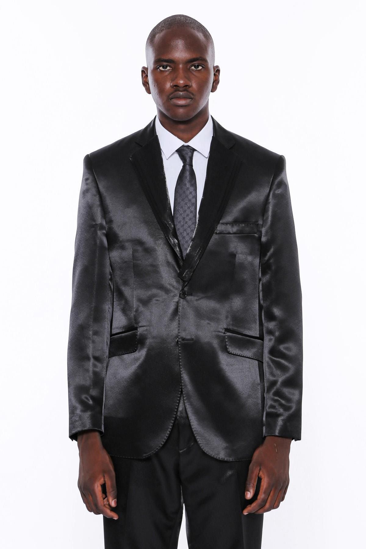 Wessi Erkek Siyah Saten 2 Düğme Slim Fit Damatlık Takım Elbise