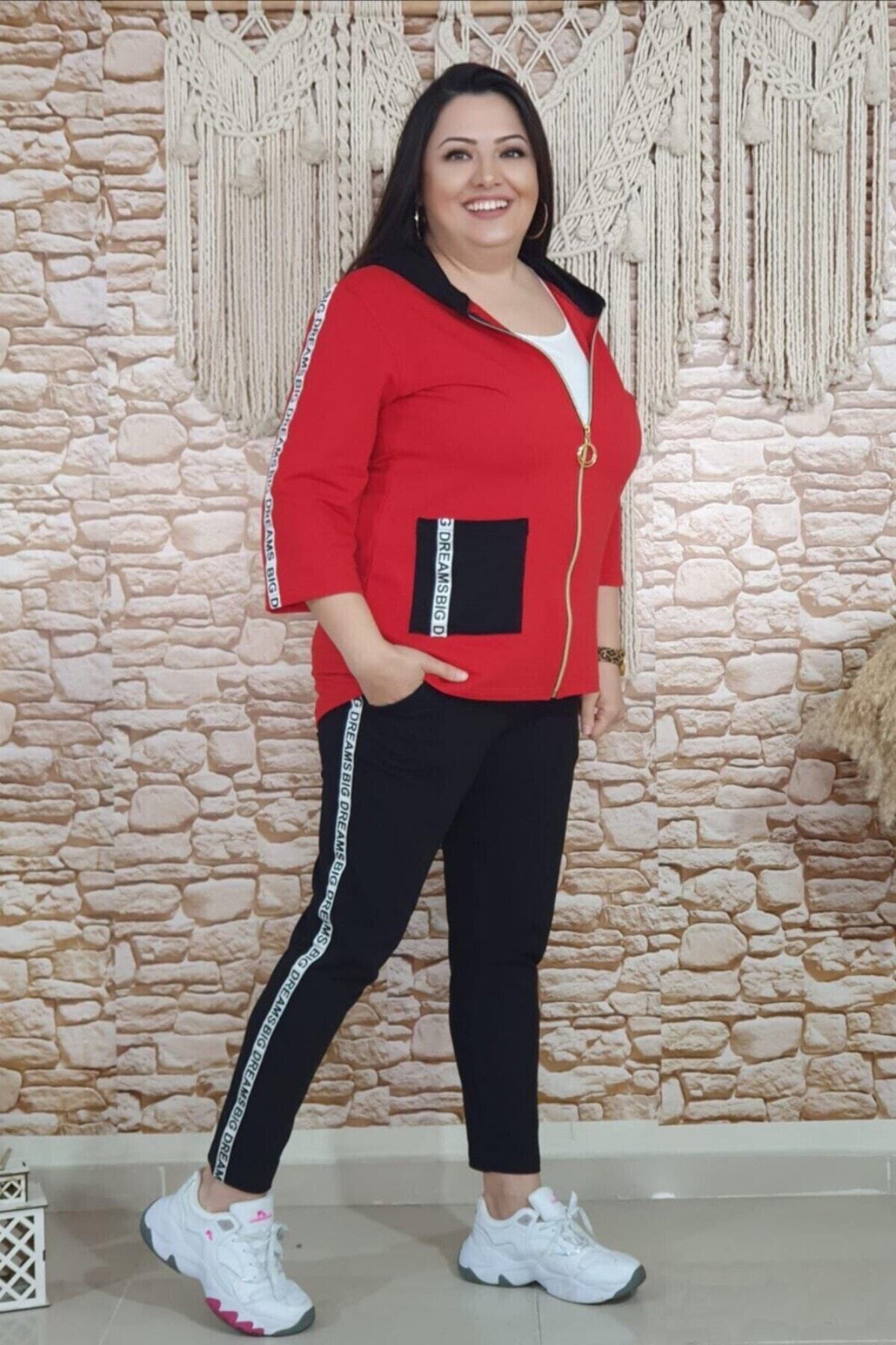 sinemisxxl Kadın Kırmızı Siyah Kapri Kol Kapşonlu Eşofman Takımı