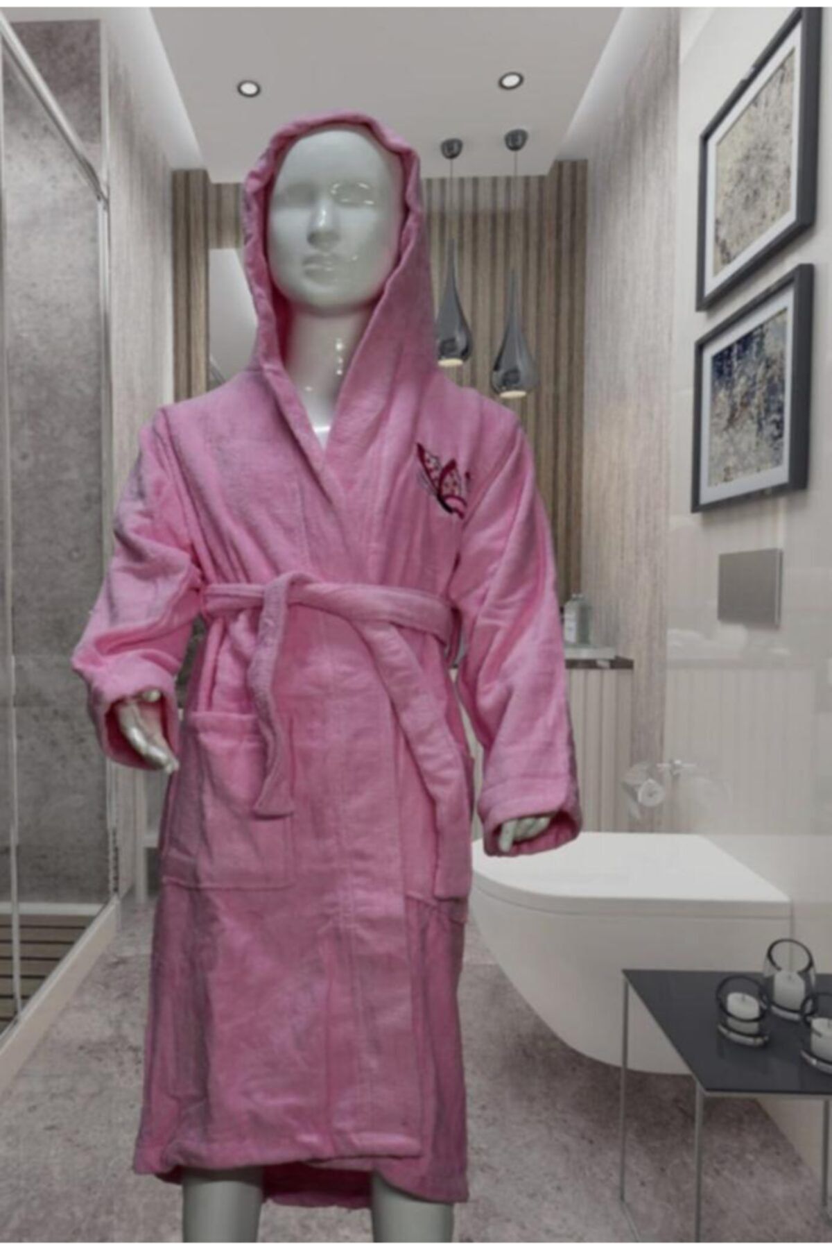 BULUŞ 11-12 Yaş Çocuk Bornozu Dışı Kadife Içi Bukle Nakışlı Kapşonlu Pembe