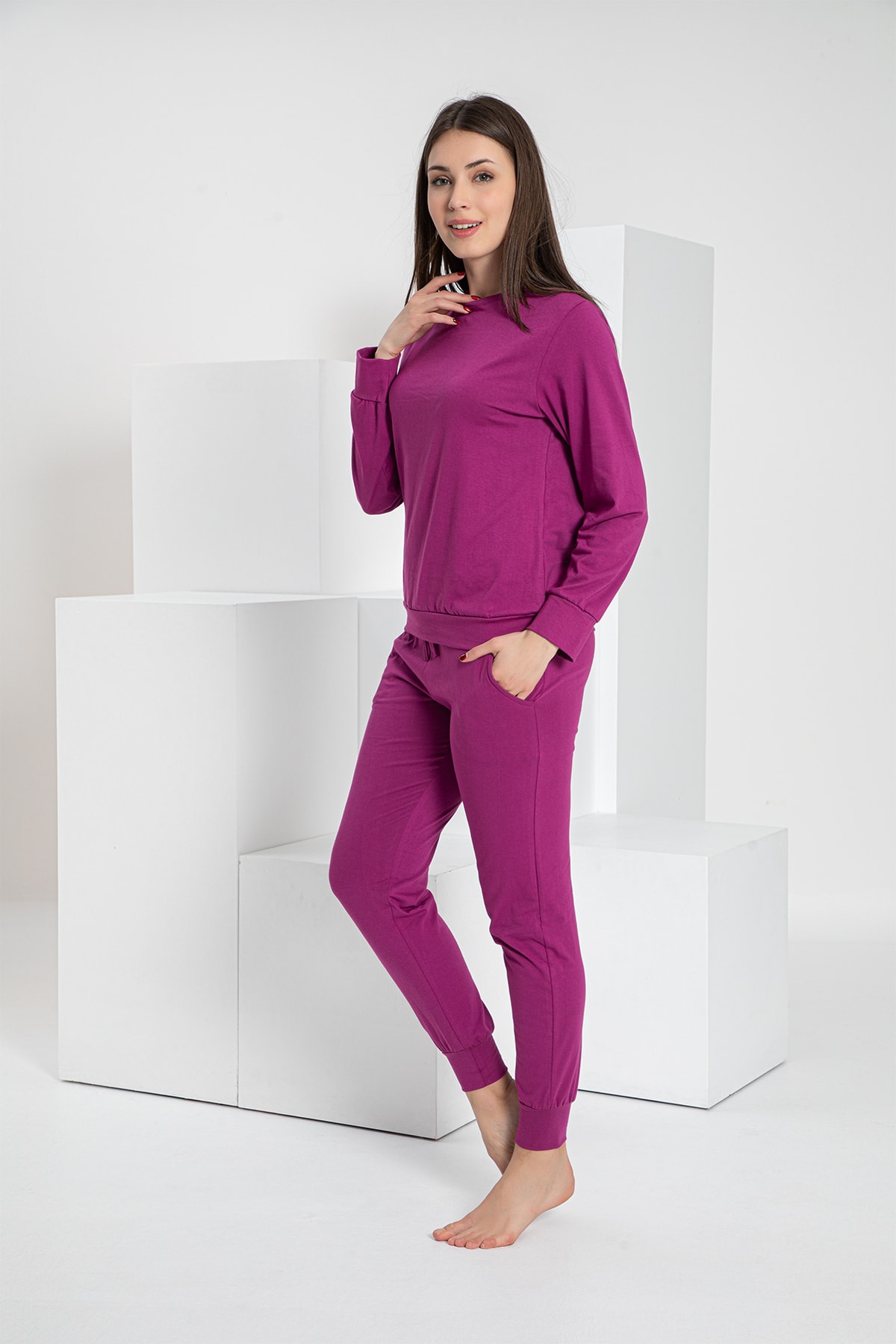 MyBen Mor Renkli Cepli Uzun Kollu Bisiklet Yaka Eşofman Takımı 2204