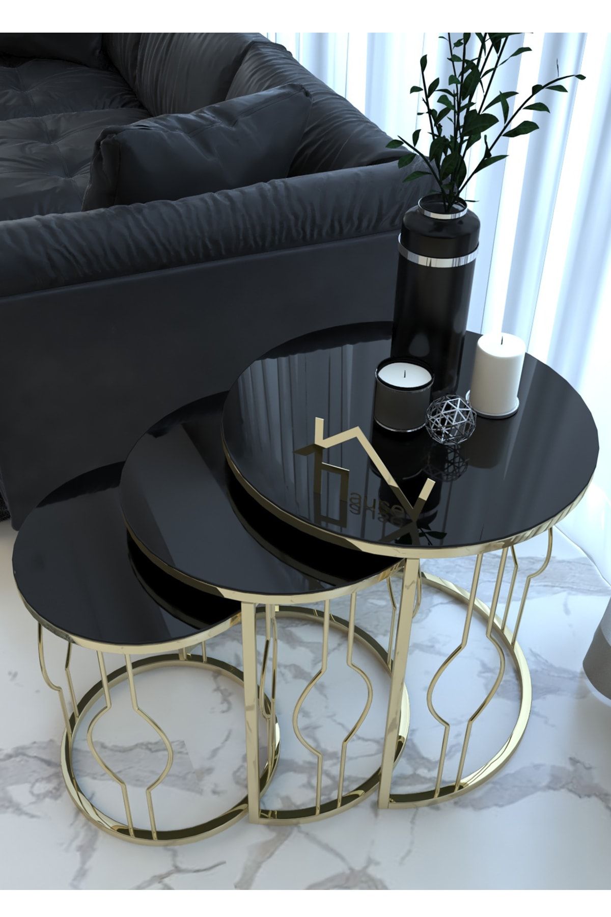 HAUSEV Gusto Model Gold Metal Zigon Sehpa '' Kırılmaz Temperli Siyah Cam ''