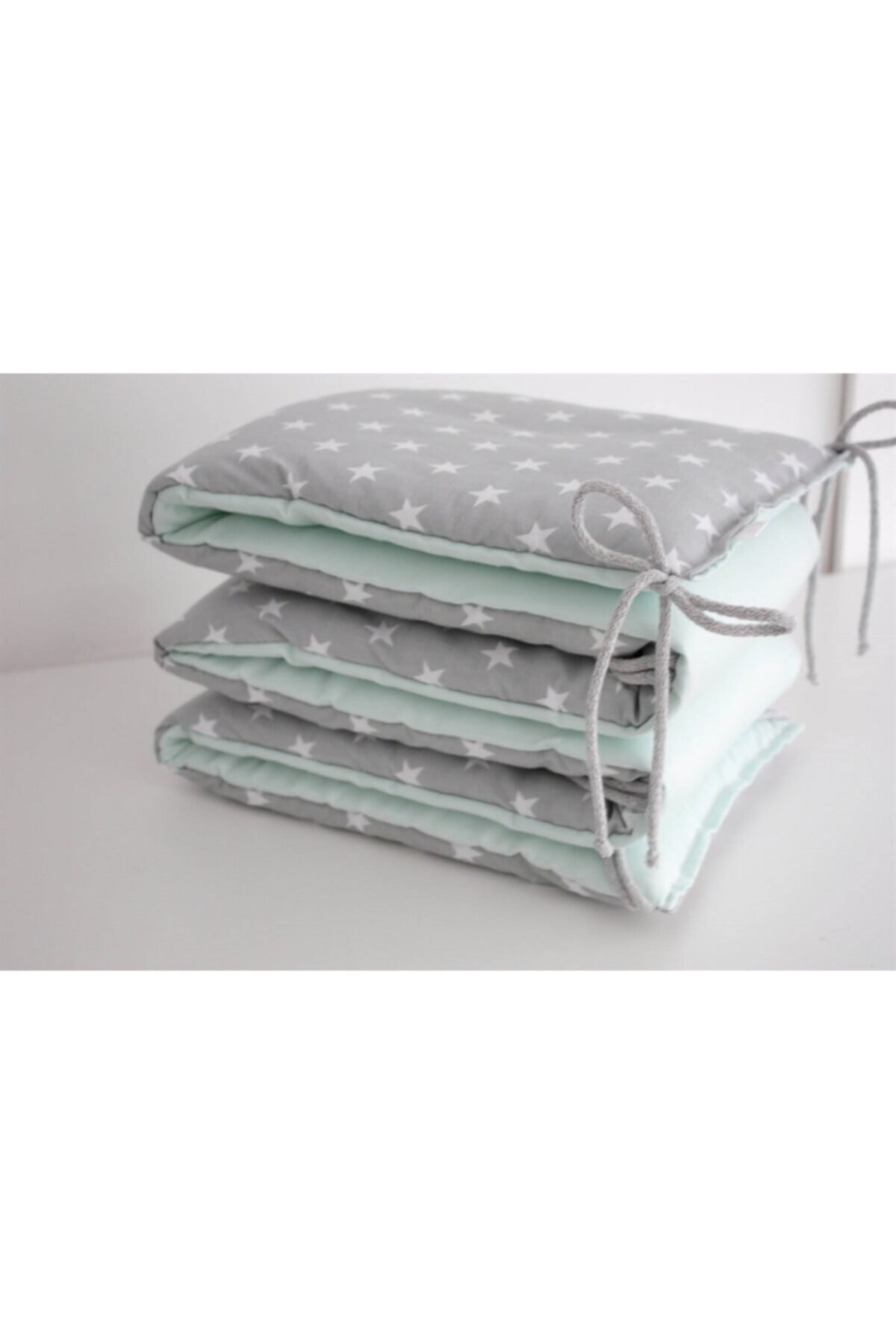 Jaju Baby Gri Zemin Beyaz Yıldız Mint Kombin Beşik Kenar Koruma Özel Ölçü (100*200)