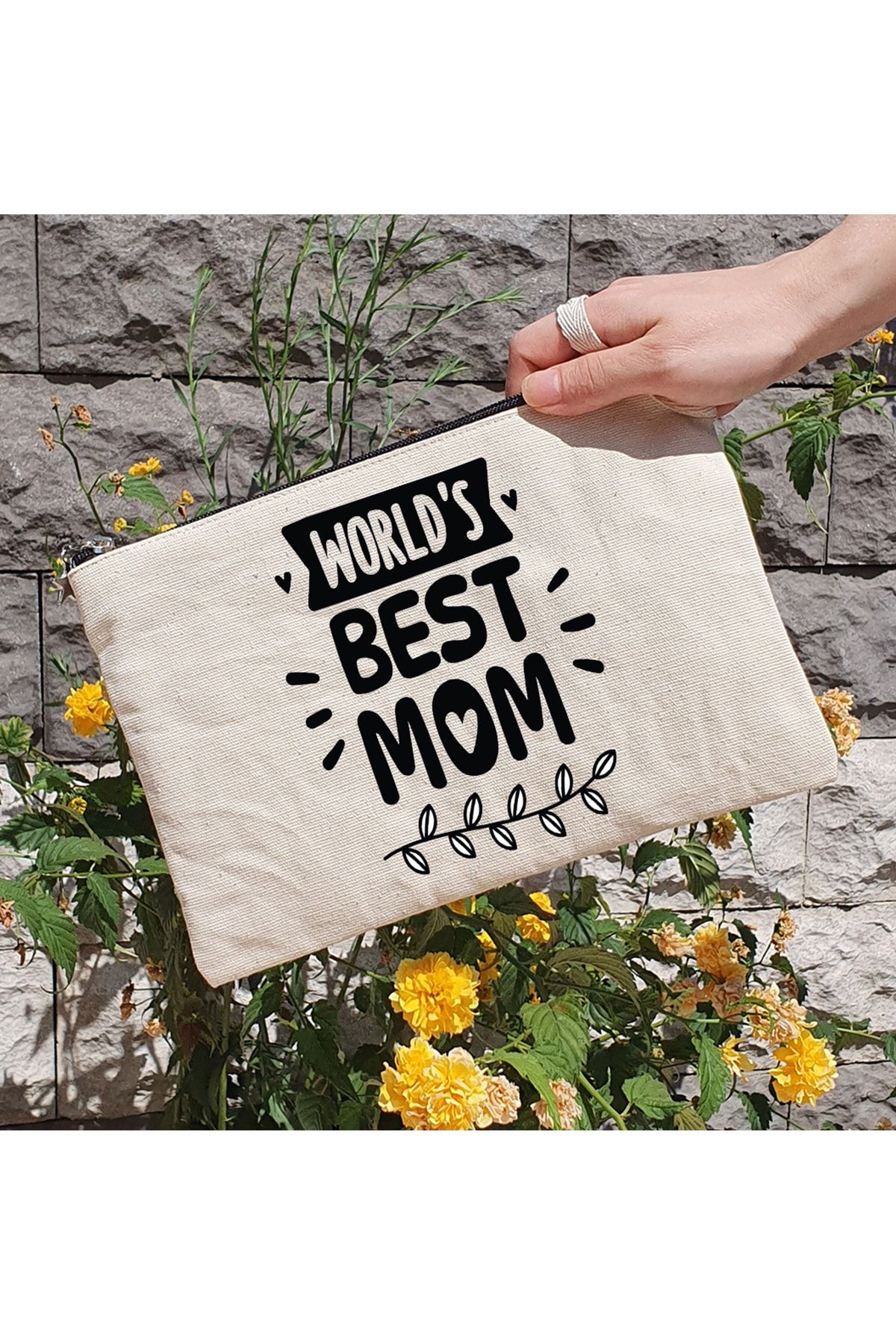 PEKSHOP World's Best Mom Yazılı Anneye Hediye Astarlı Makyaj Çantası