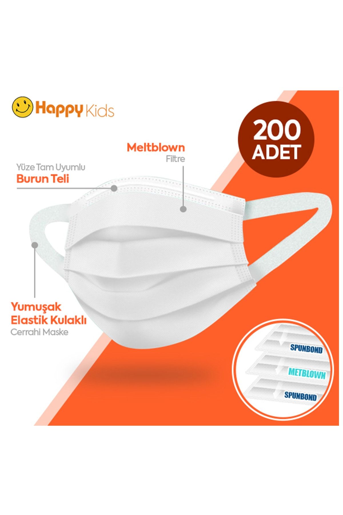 Happy Kids Elastik Kulaklı 3 Katlı Telli Beyaz Cerrahi Maske 200 Lü