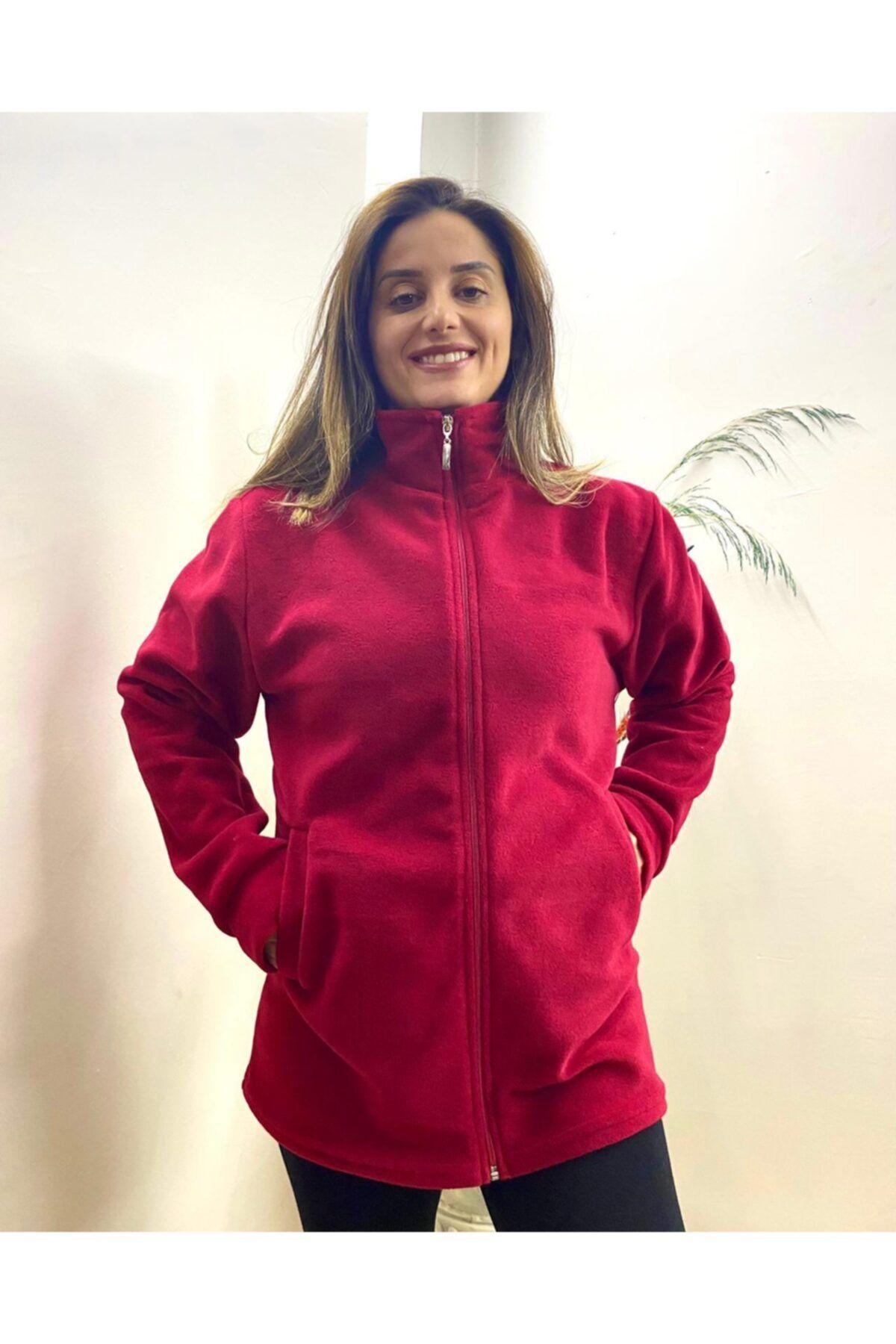 ÖNE BUTİK Unisex Kırmızı Fermuarlı Polar