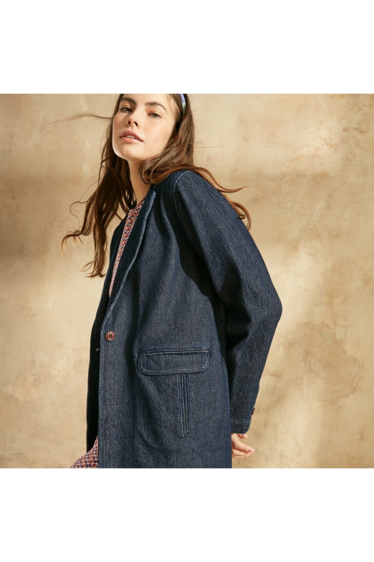 Yargıcı Kadın Lacivert Cep Detaylı Denim Pardösü