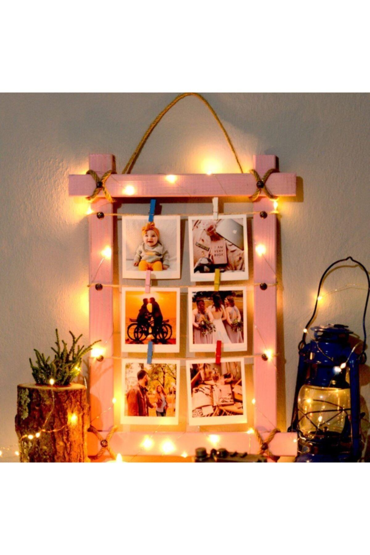 Anısepeti Ahşap Led Işıklı İpli Mandallı Fotoğraf Çerçevesi Pembe 35x50 cm