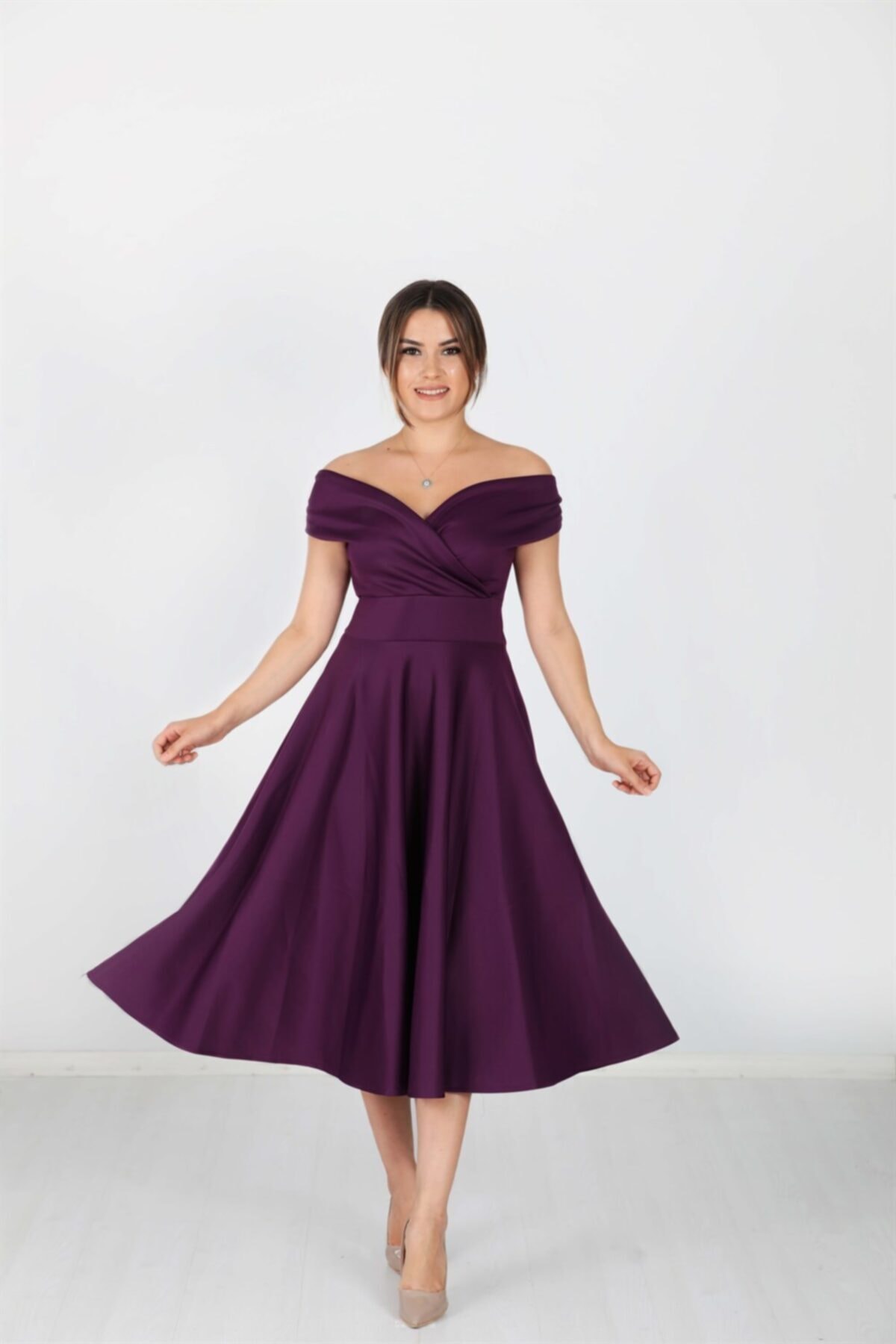 giyimmasalı Kayık Yaka Midi Elbise - Patlıcan Mor