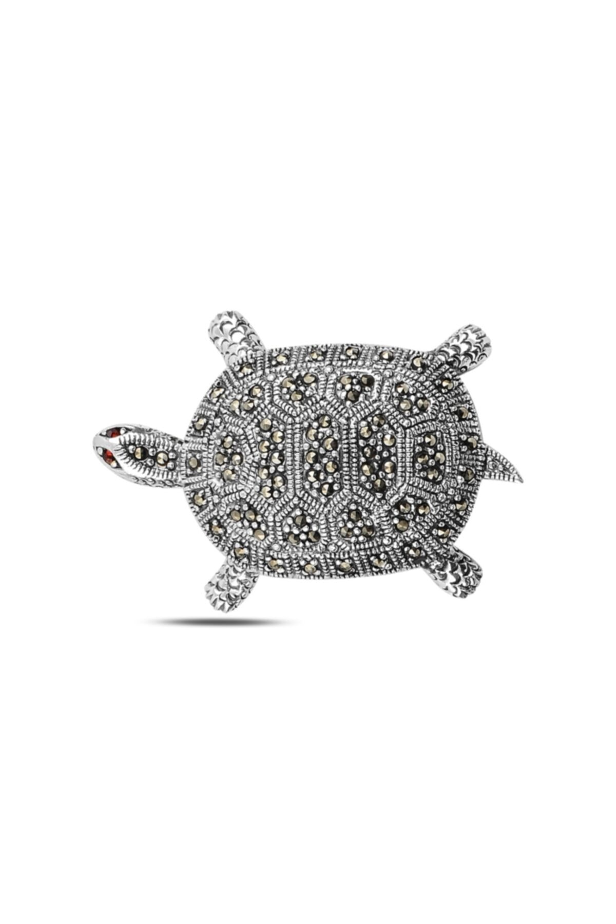 silverlina Gümüş Kaplumbağa Markazit Taşlı Broş & Kolye Ucu