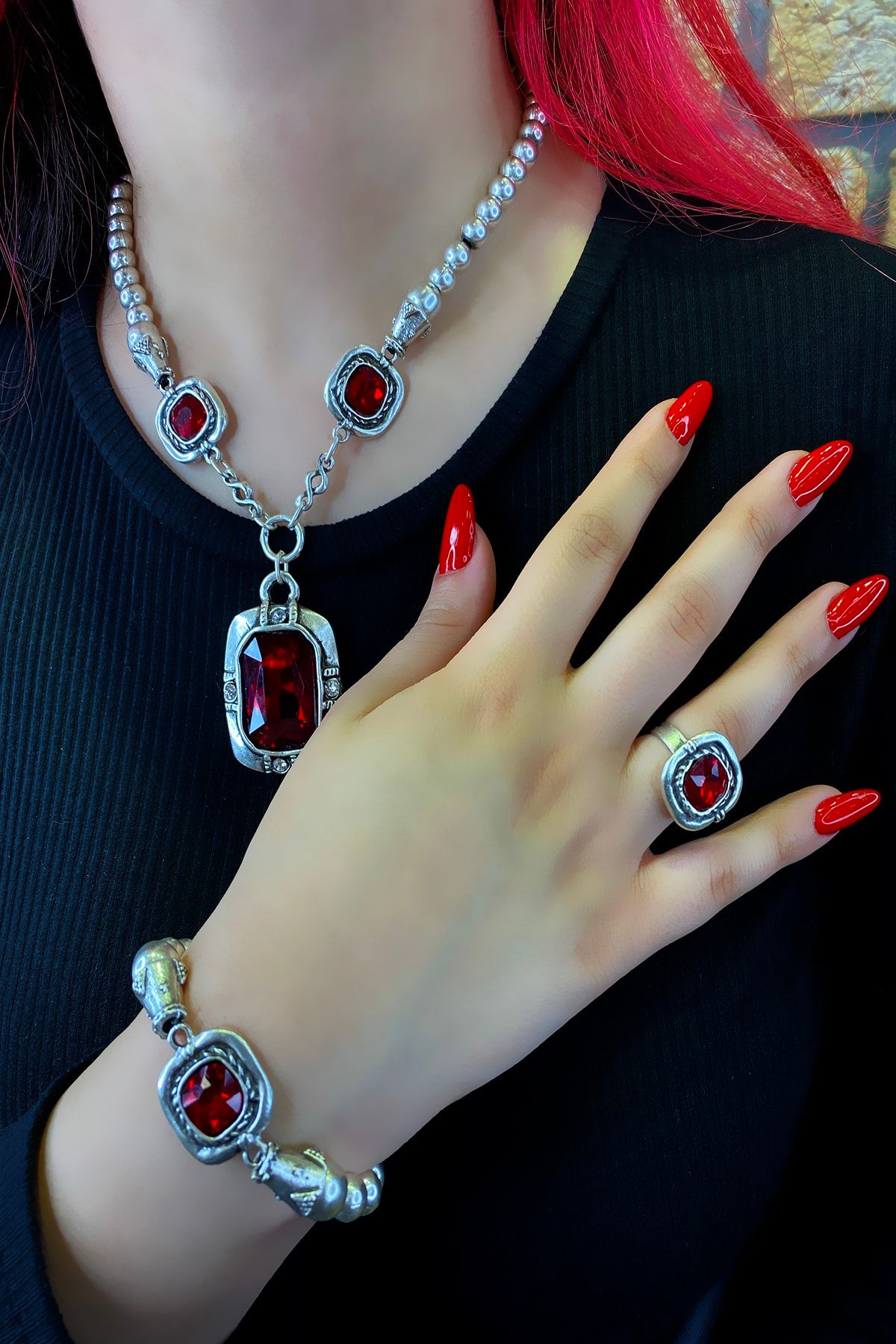MOONİ ACCESSORİES Yakut Zirkon Taşlı Modern Tasarım Mat Gümüş Kaplama Kolye,Bileklik,Yüzük,Küpe Set