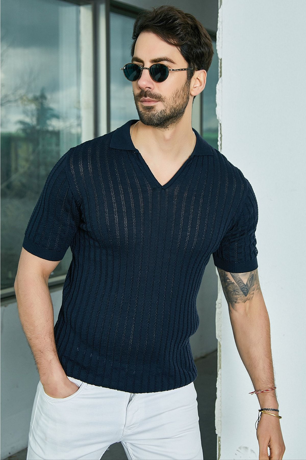 Sateen Men Erkek Lacivert Kısa Kollu Fitilli Polo Yaka Triko