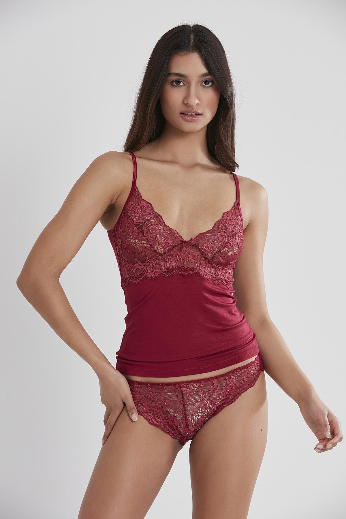 Pierre Cardin Kadın Dantelli Penye Atlet Külot / Kaşkorse Set - 315 Bordo