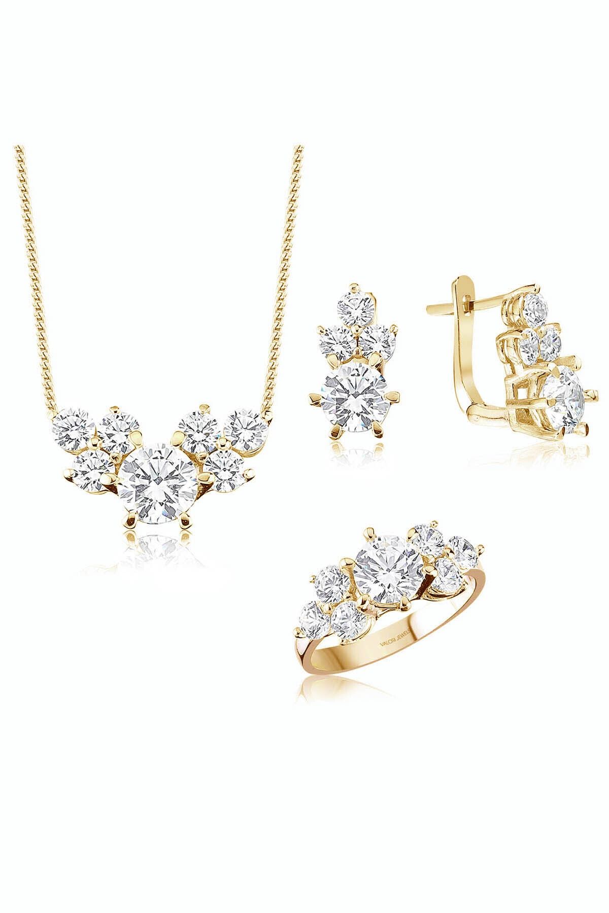 Valori Jewels Melek Gözü, 7.92 Karat Swarovski Zirkon Taşlı, Altın Rengi Gümüş Tektaş Set
