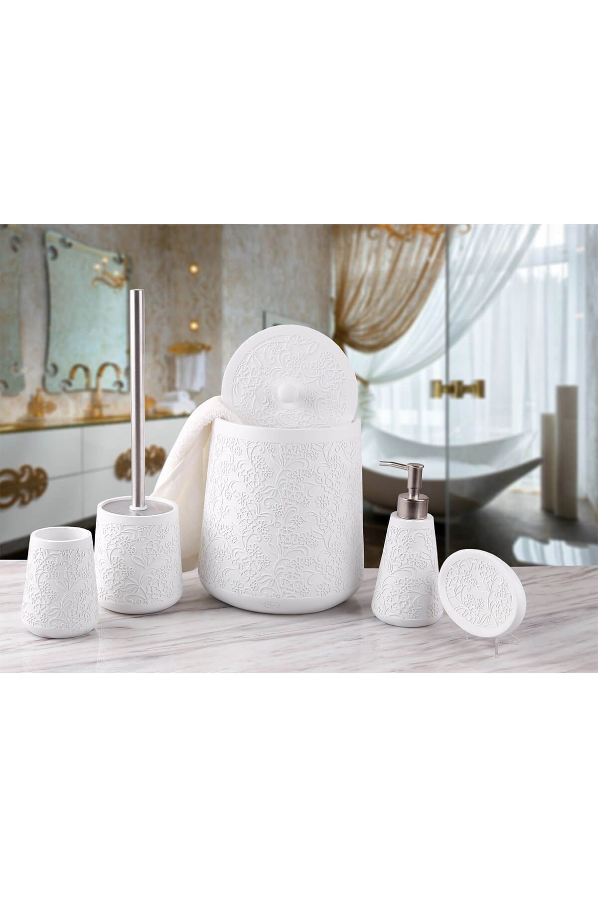 By Selim Flower 5 Parça Polyester Banyo Seti - Beyaz