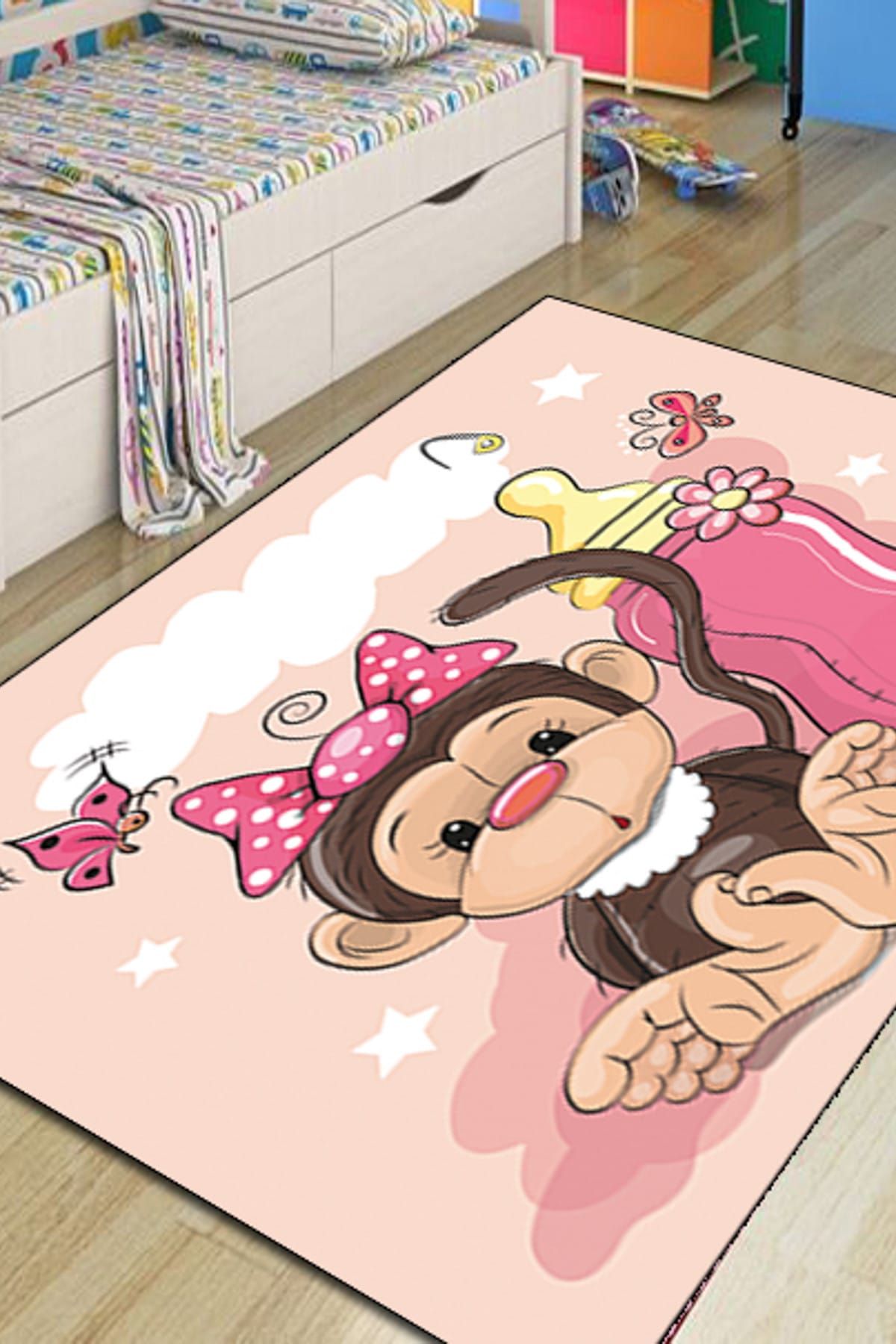 Else Halı Else Pembe Biberonlu Bebek Maymun 3D Modern Çocuk Odasi Halilari