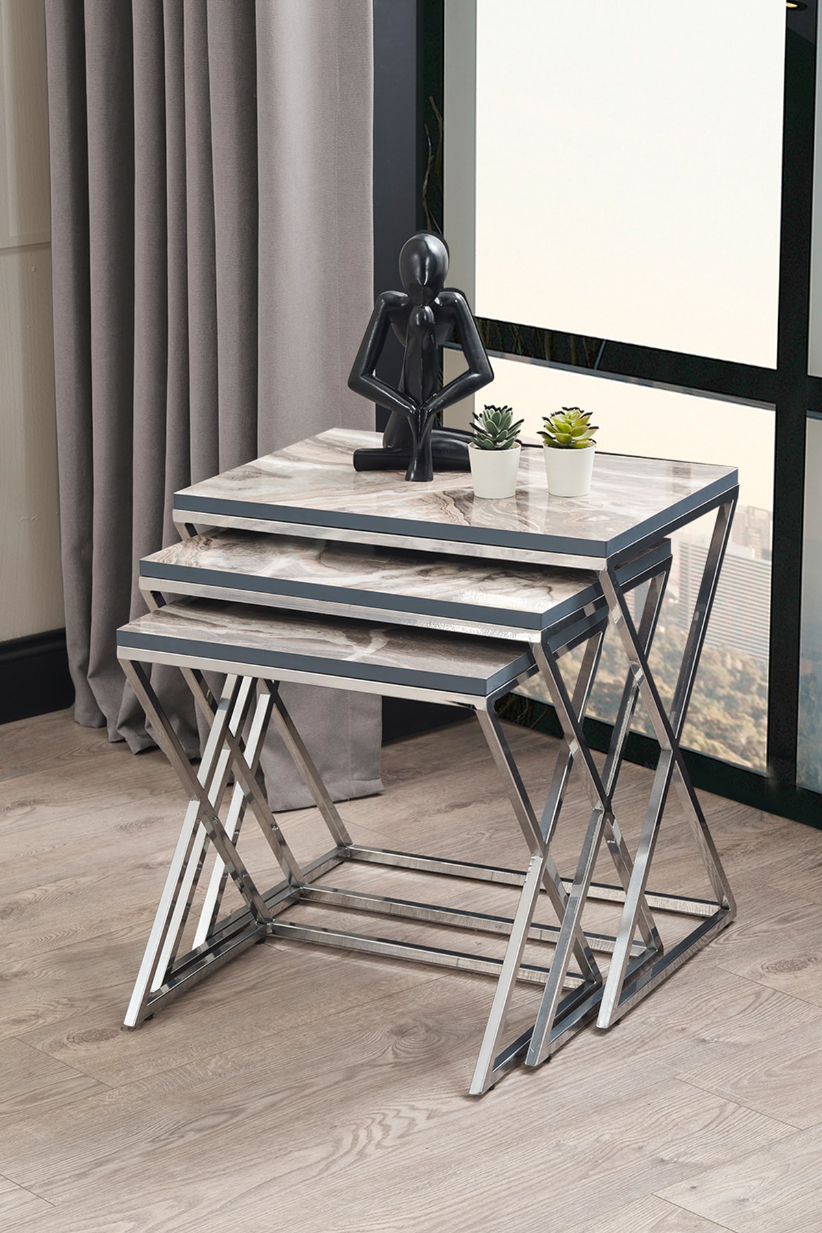 Sawoli Mobilya Gümüş Royal Metal Ayak Mermer Desen Zigon Sehpa