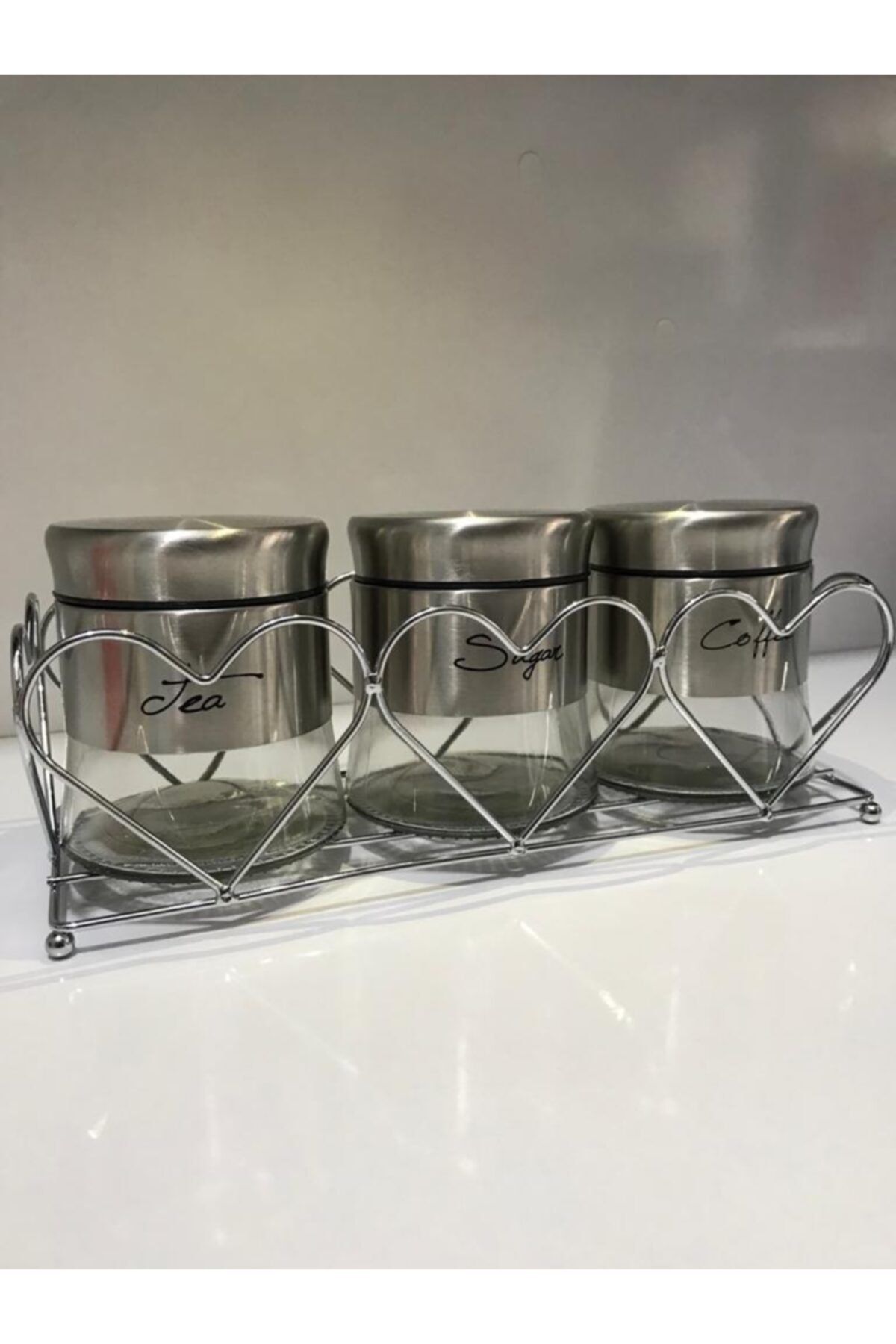 Tutku Metal Standlı Çay Şeker Kahve Kavanozu 3lü