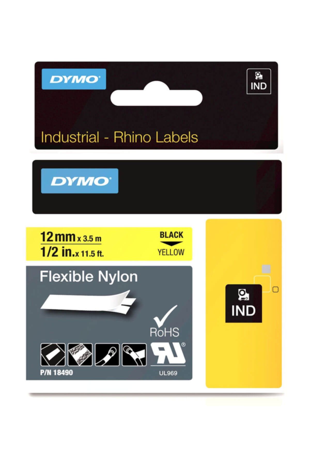 Dymo Rhinopro Esnek Naylon Şerit 19Mmx3.5Mt Sarı-Siyah 18491  /