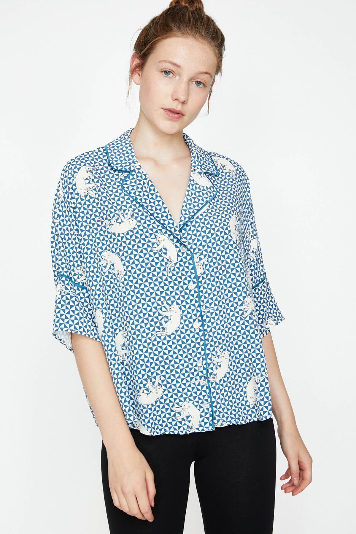 Koton Kadın Yeşil Desenli Pijama Üstü 9KLK74271MW