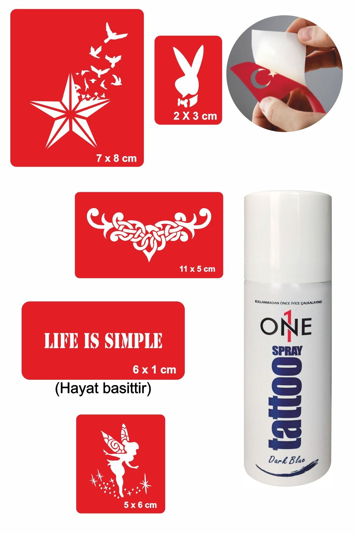 ONE SPRAY TATTOO Yıldız Playboy Tavşan Dövmesi Geçici Dövme Seti Dark Sprey Ve 5 Desen