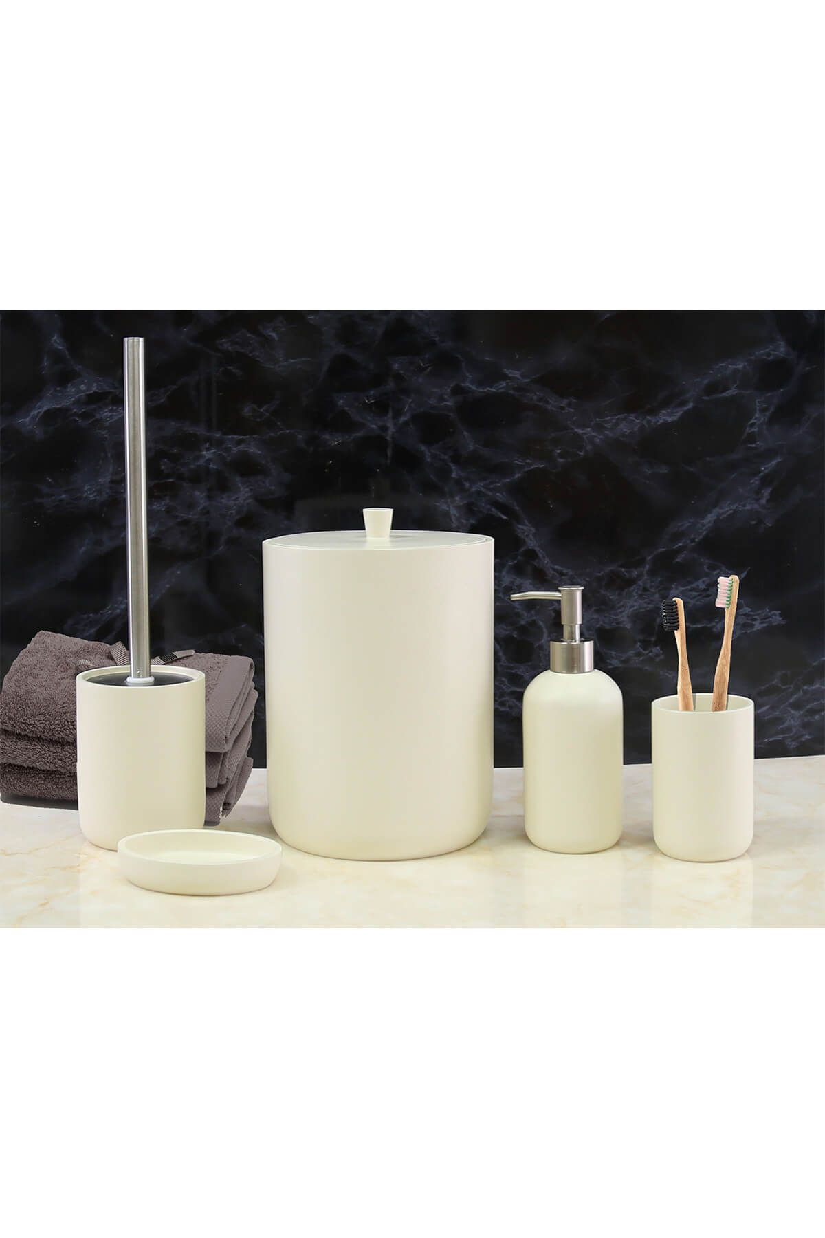 By Selim Elegance 5 Parça Polyester Banyo Seti - Krem